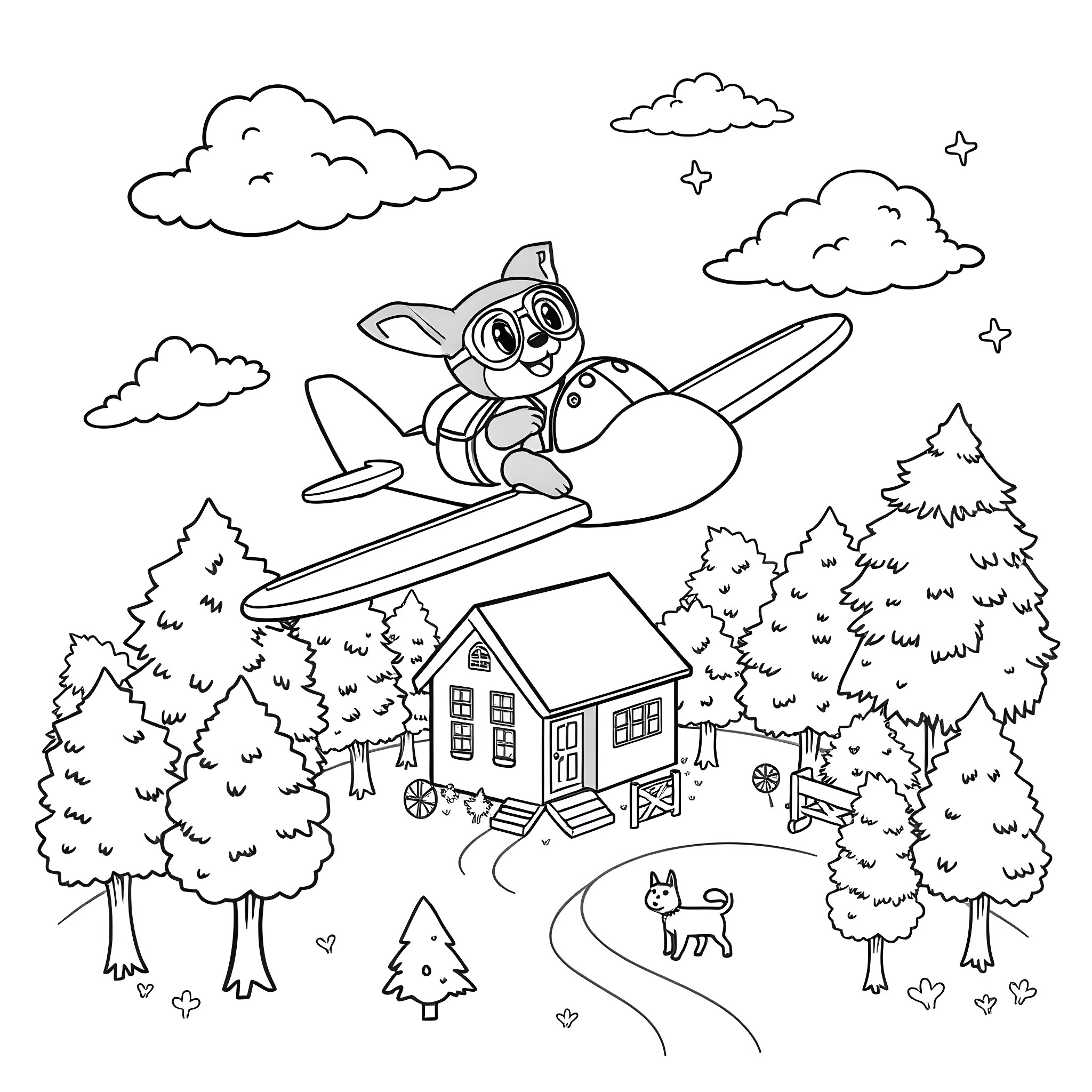 Bluey soars over the forest in an airplane Coloring Page (free black-and-white line drawing printable PDF for all, from beginners to advanced learners, including children, teens, adults, and seniors)