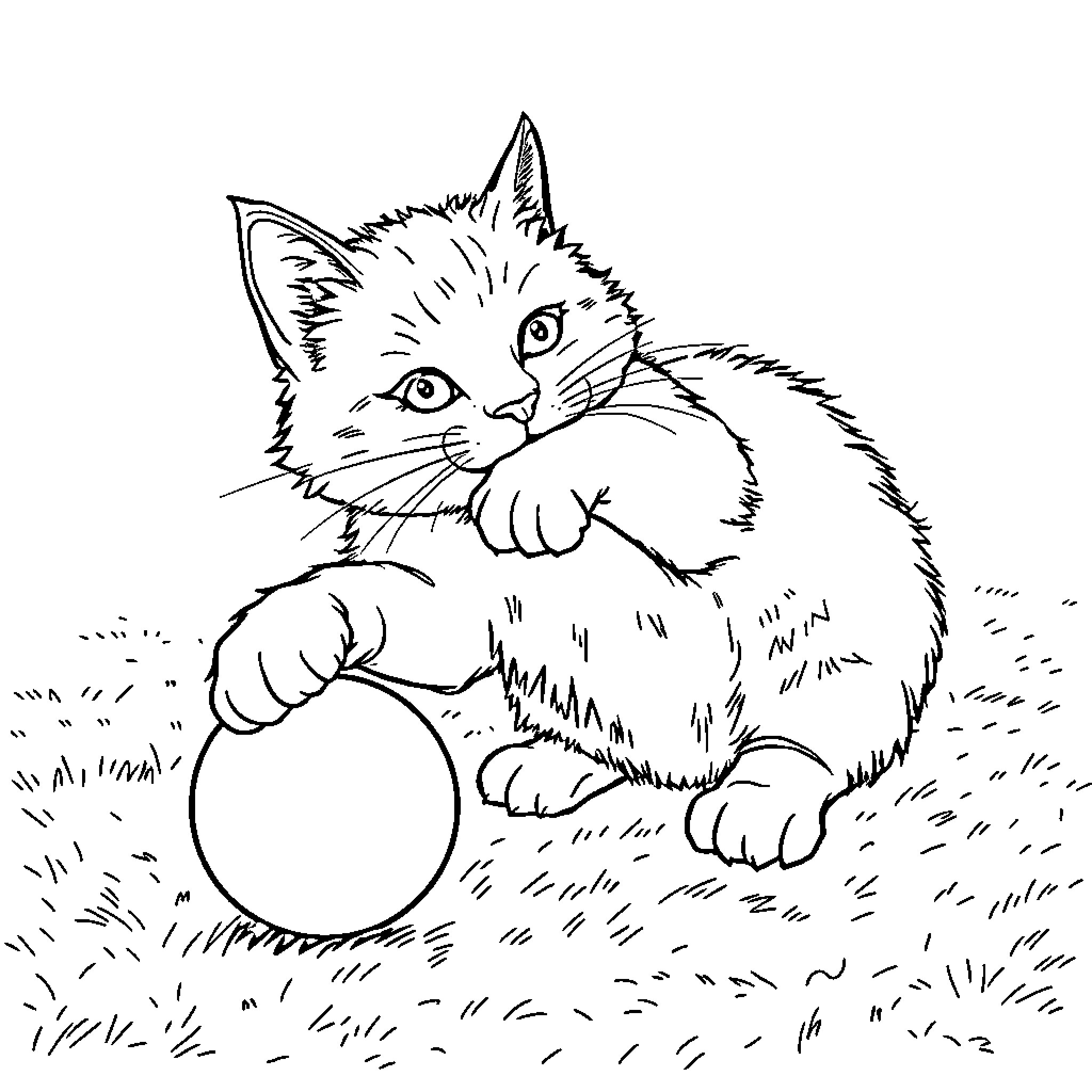 Cat playing with ball on grassy field Coloring Page (free black-and-white line drawing printable PDF for all, from beginners to advanced learners, including children, teens, adults, and seniors)
