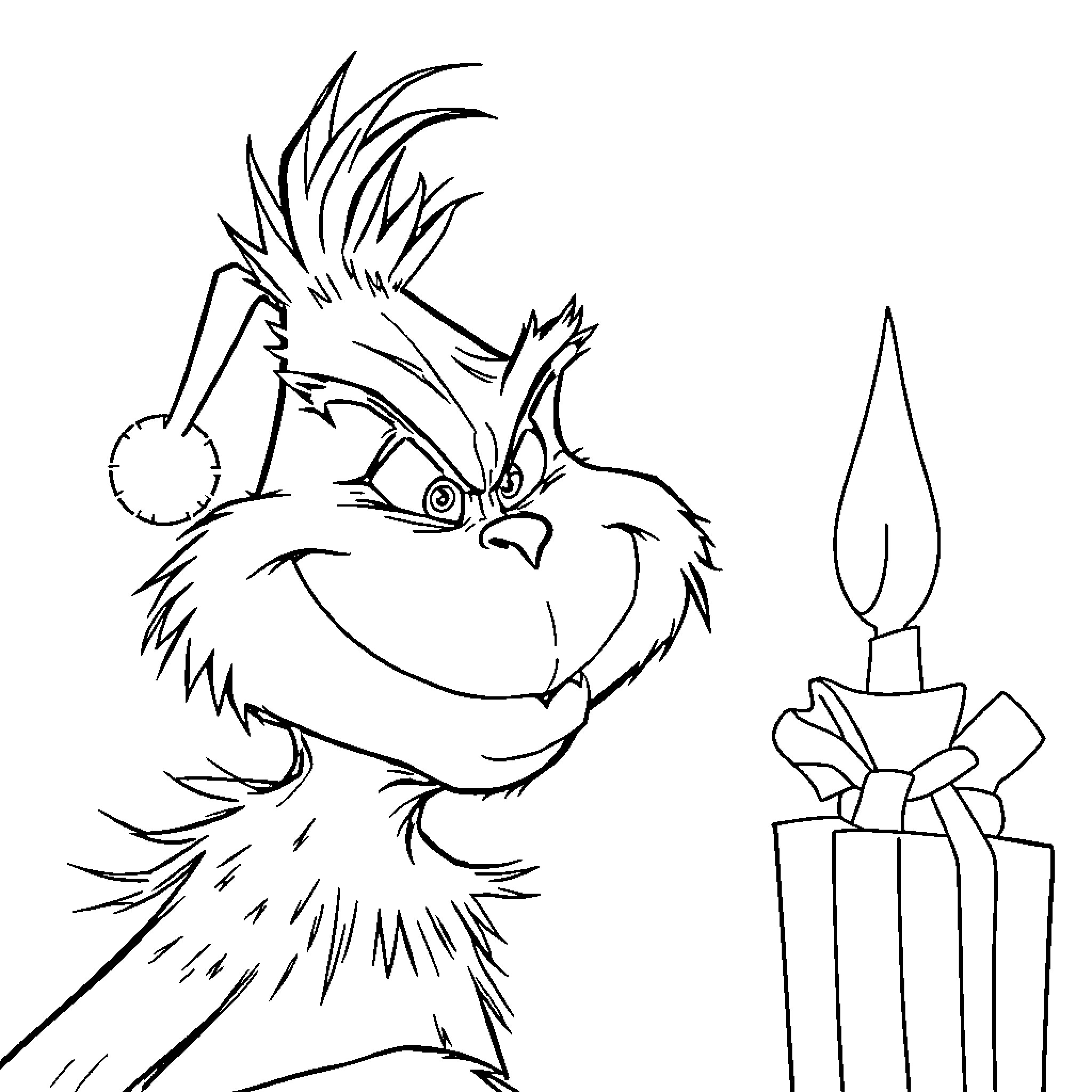 Grinch with a mischievous expression holding a gift Coloring Page (free black-and-white line drawing printable PDF for all, from beginners to advanced learners, including children, teens, adults, and seniors)