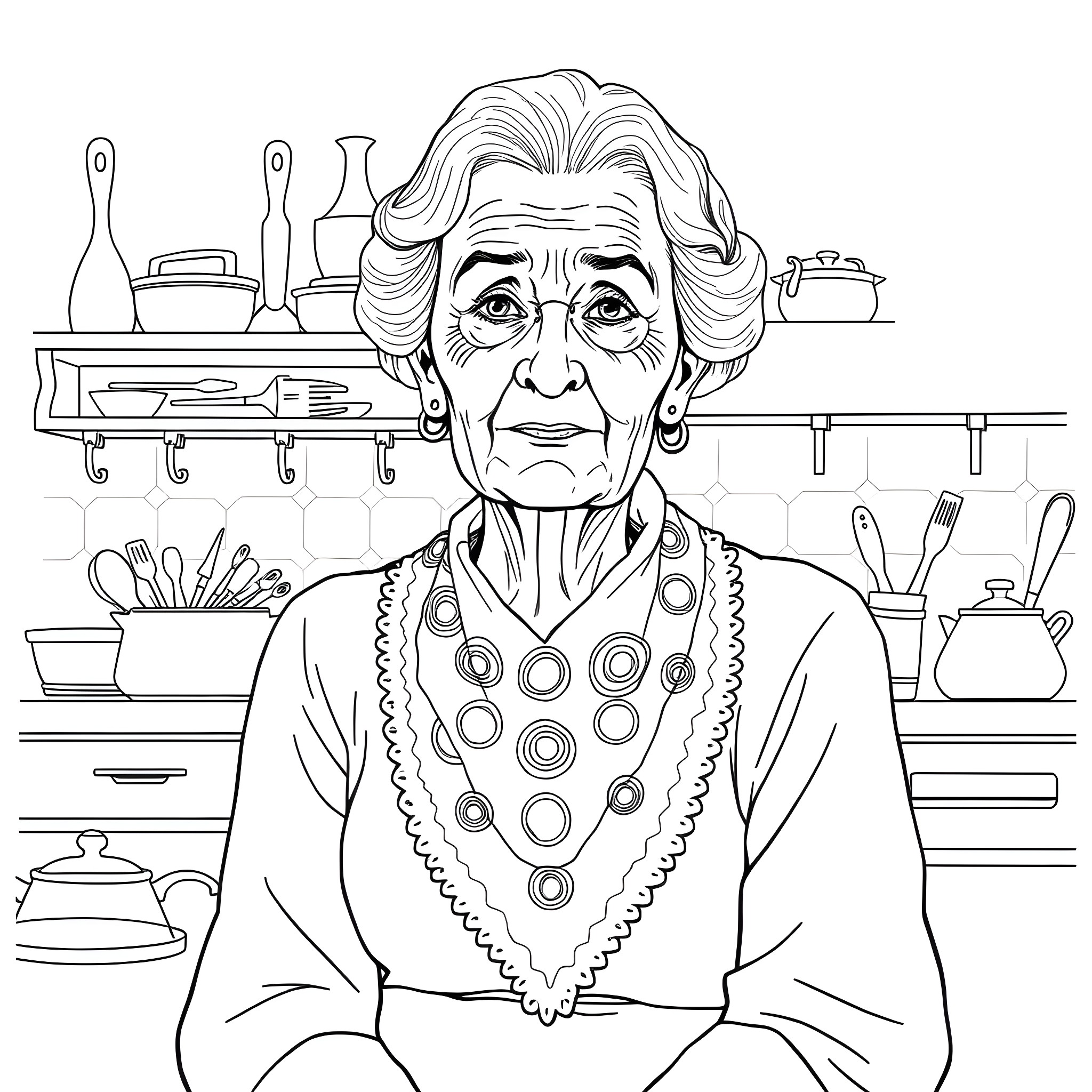 Woman in traditional garment in the kitchen Coloring Page (free black-and-white line drawing printable PDF for all, from beginners to advanced learners, including children, teens, adults, and seniors)