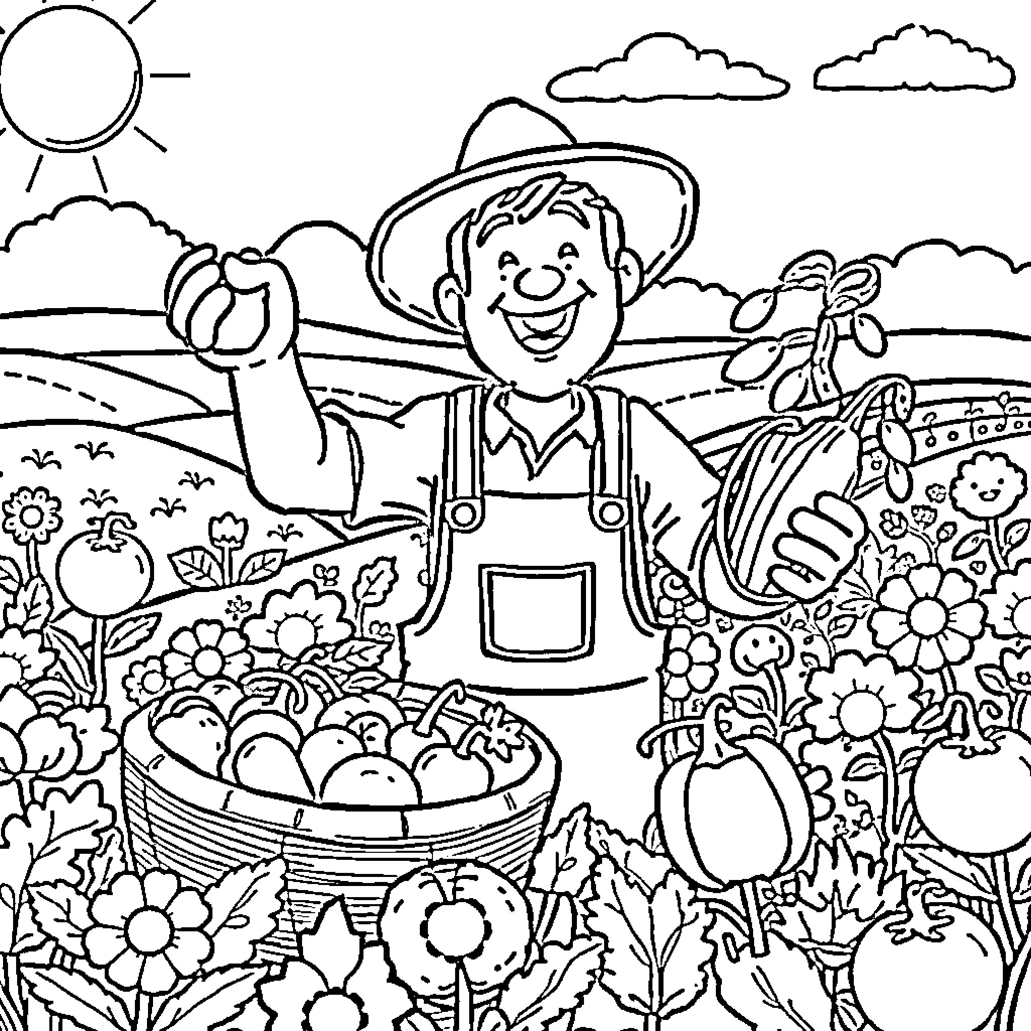 Fruit and Vegetable Farmer Harvesting Produce Coloring Page (free black-and-white line drawing printable PDF for all, from beginners to advanced learners, including children, teens, adults, and seniors)