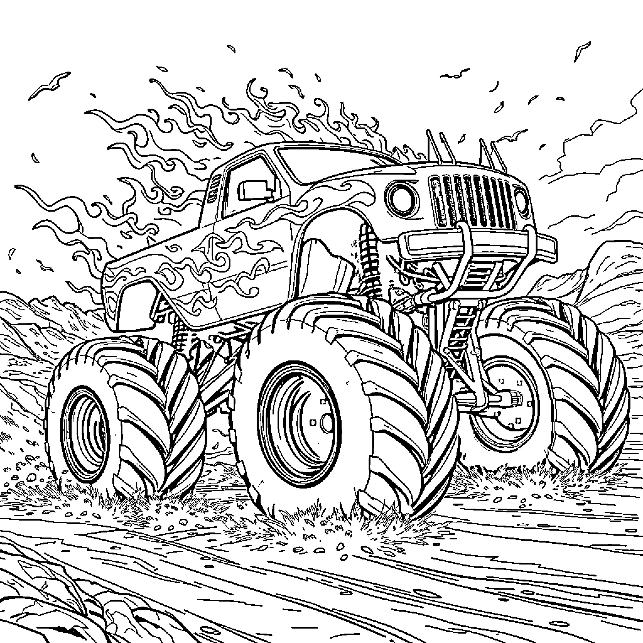 Monster Truck Crushing Through the Rugged Terrain Coloring Page (free black-and-white line drawing printable PDF for all, from beginners to advanced learners, including children, teens, adults, and seniors)