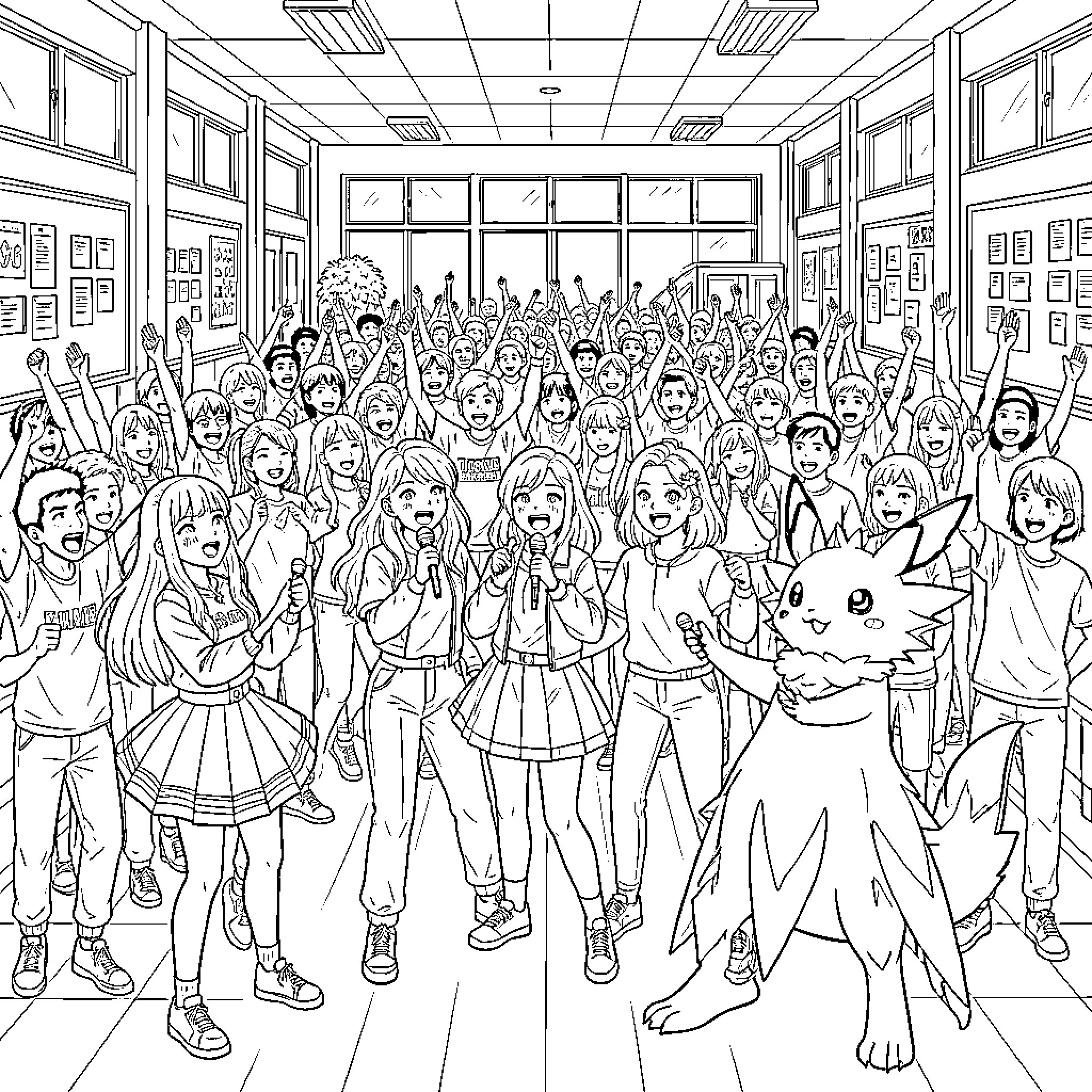Kpop Fans Excitedly Gather in Auditorium Coloring Page (free black-and-white line drawing printable PDF for all, from beginners to advanced learners, including children, teens, adults, and seniors)