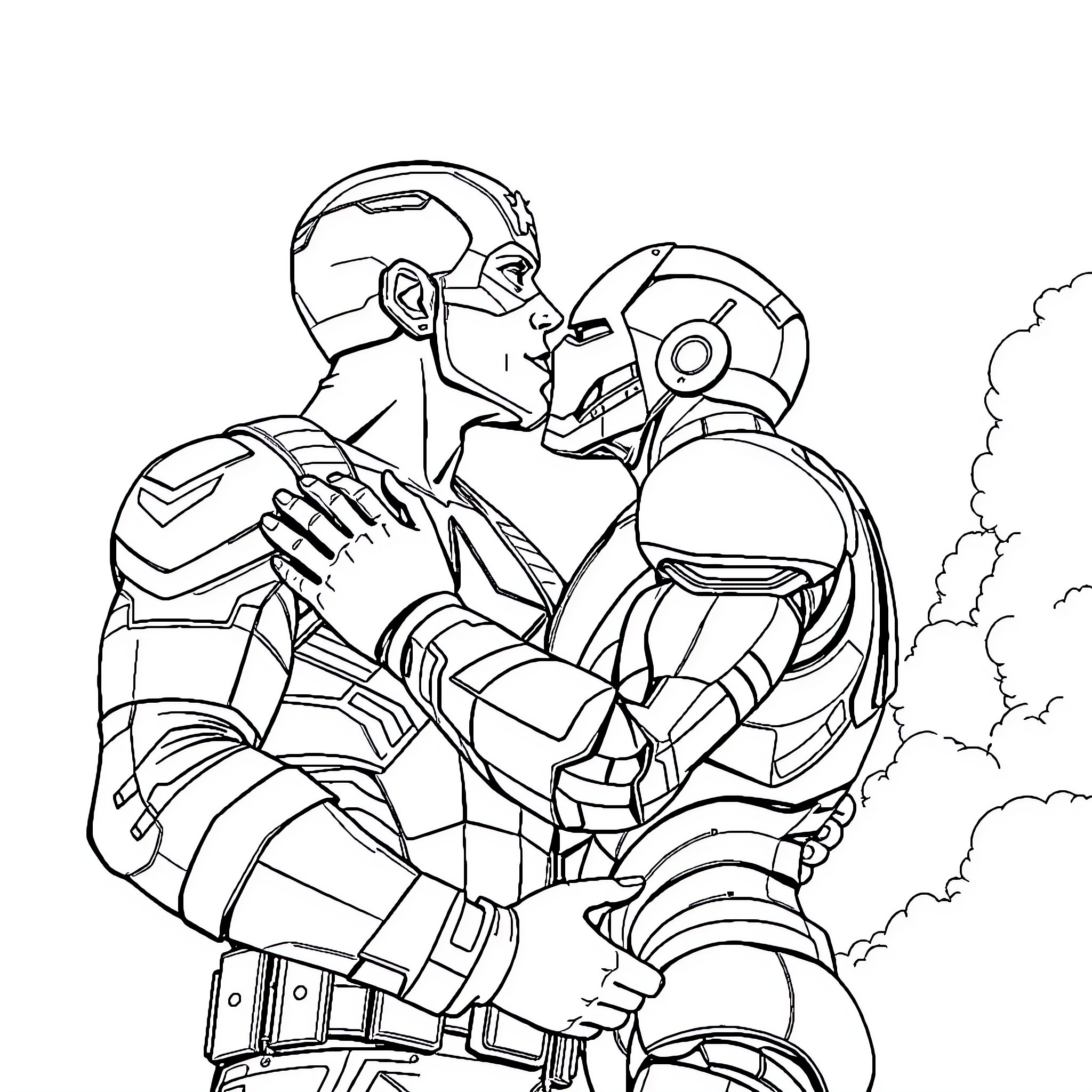 Captain America and Iron Man in Epic Battle Coloring Page (free black-and-white line drawing printable PDF for all, from beginners to advanced learners, including children, teens, adults, and seniors)