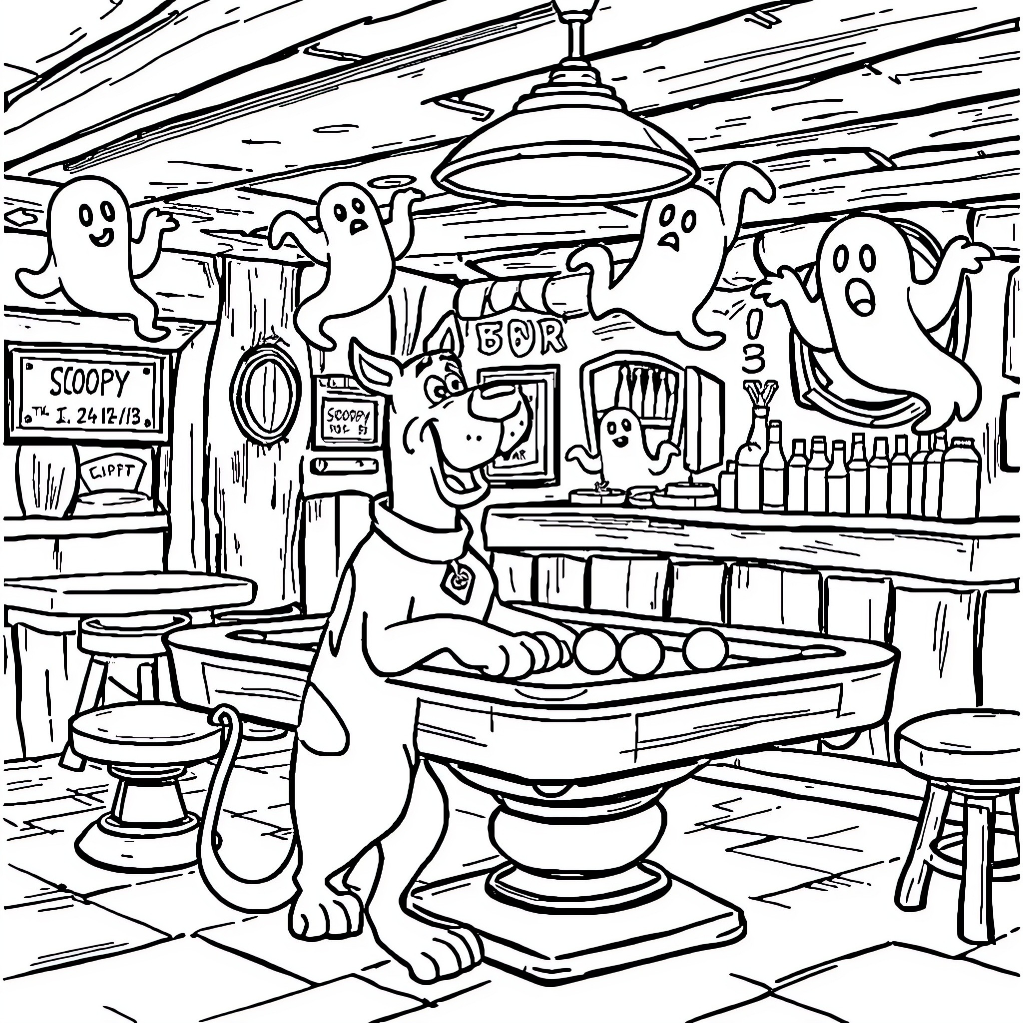 Scooby Doo and the Spooky Haunted Diner Coloring Page (free black-and-white line drawing printable PDF for all, from beginners to advanced learners, including children, teens, adults, and seniors)