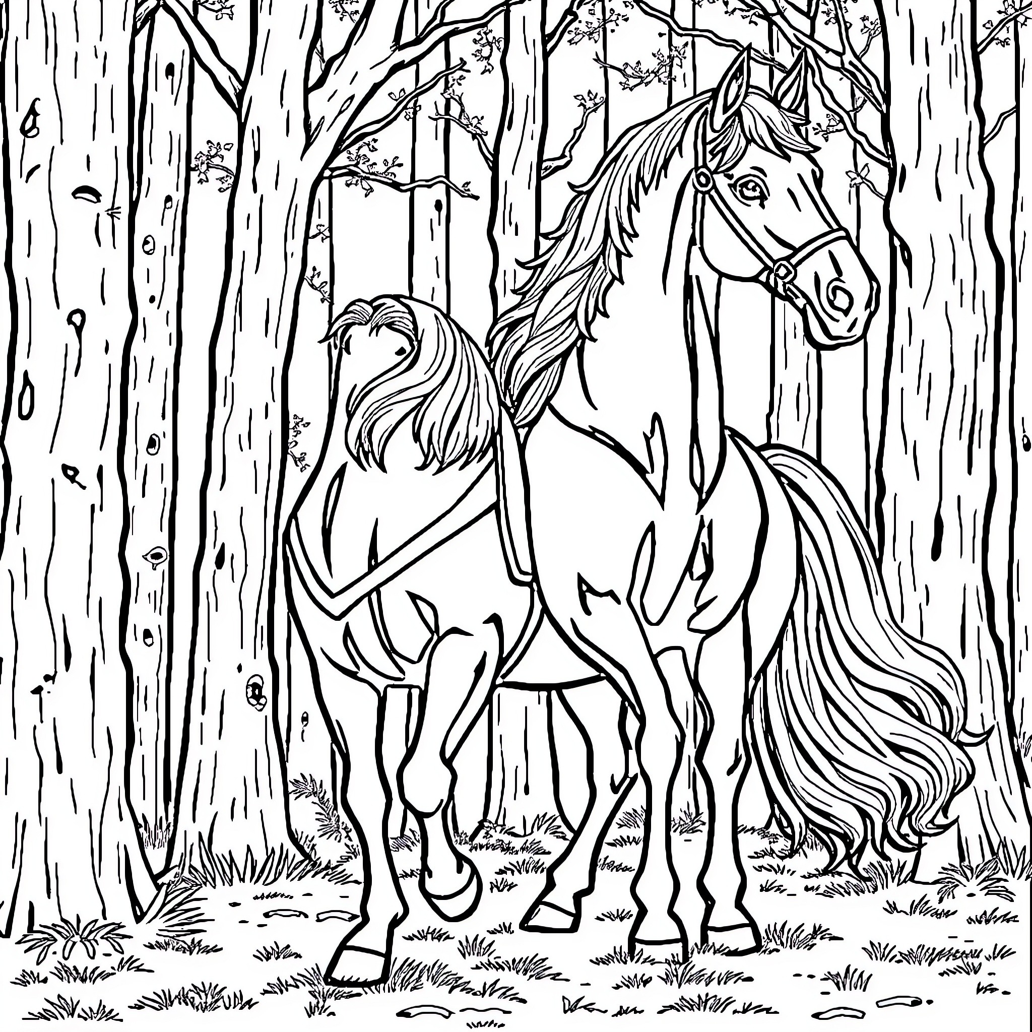 Cheval in the Enchanted Forest Coloring Page (free black-and-white line drawing printable PDF for all, from beginners to advanced learners, including children, teens, adults, and seniors)