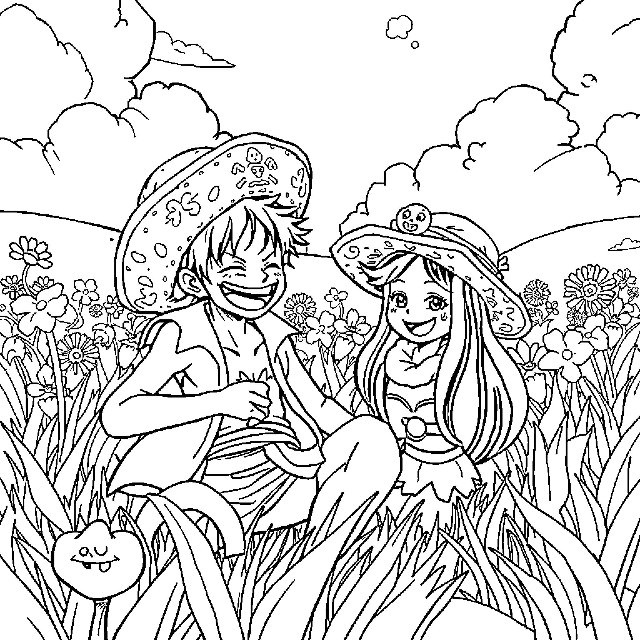 Luffy and Friend Enjoying Nature's Wonders Coloring Page (free black-and-white line drawing printable PDF for all, from beginners to advanced learners, including children, teens, adults, and seniors)