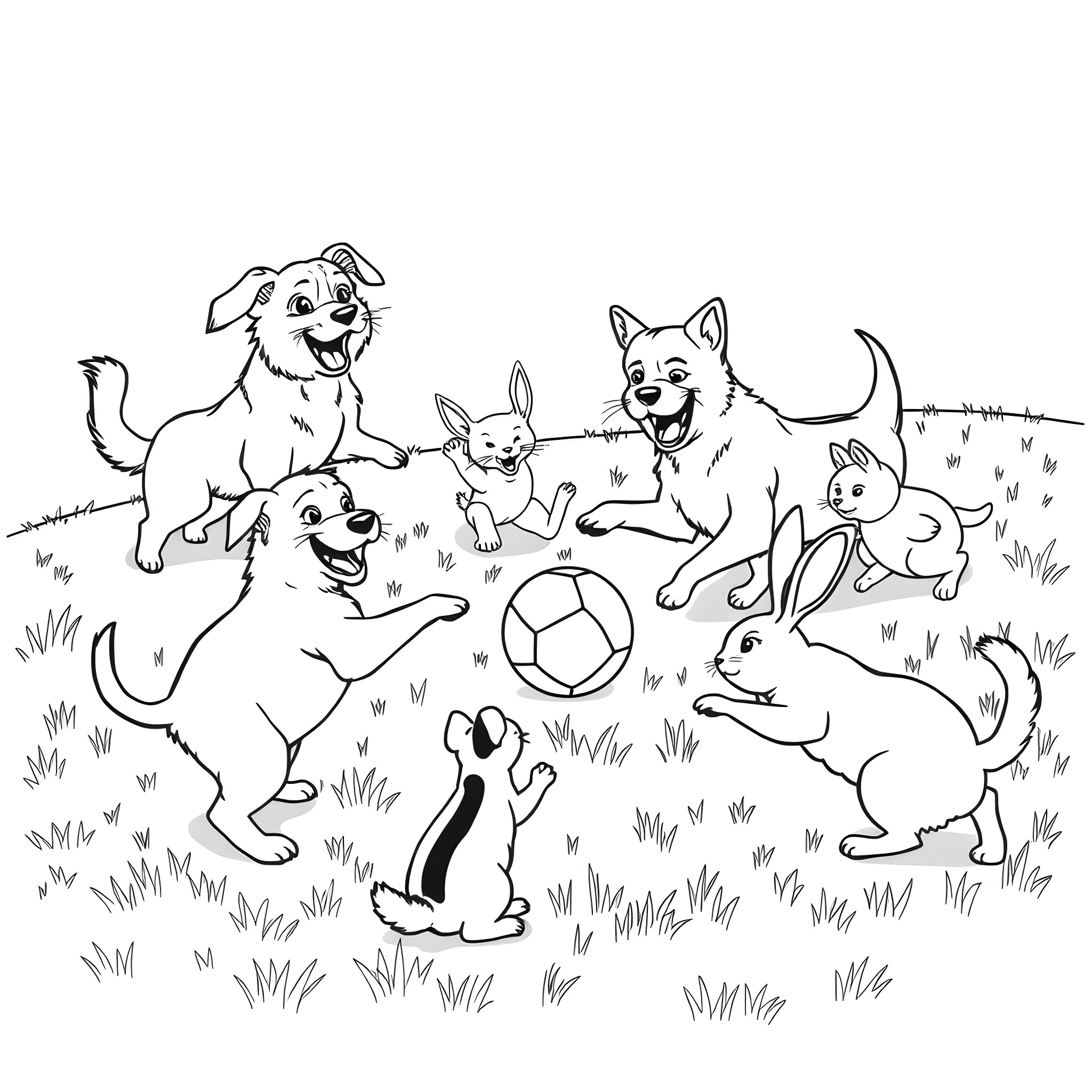 Animal playing happily with friends in the park Coloring Page (free black-and-white line drawing printable PDF for all, from beginners to advanced learners, including children, teens, adults, and seniors)