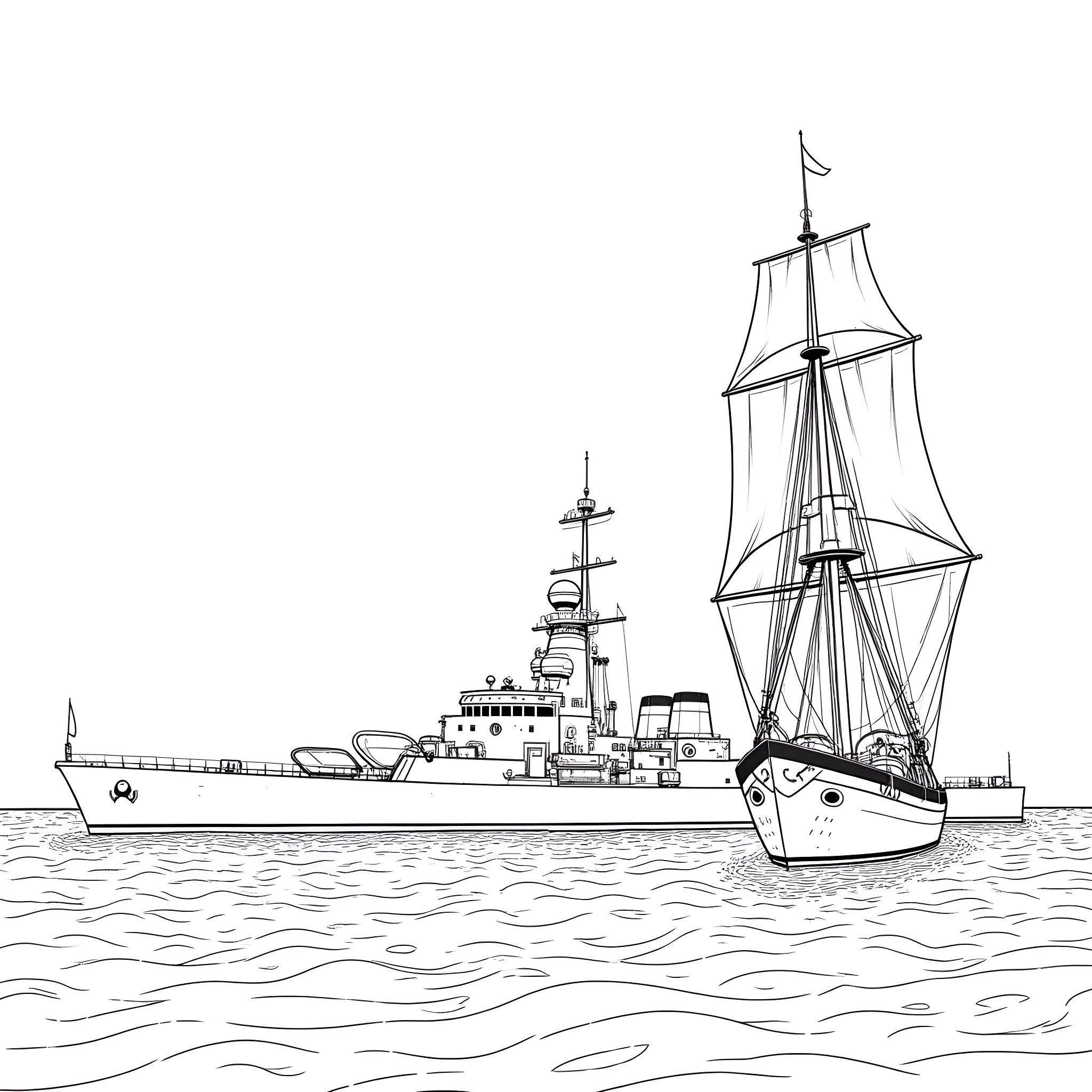 Destroyer chasing sailboat on high seas Coloring Page (free black-and-white line drawing printable PDF for all, from beginners to advanced learners, including children, teens, adults, and seniors)