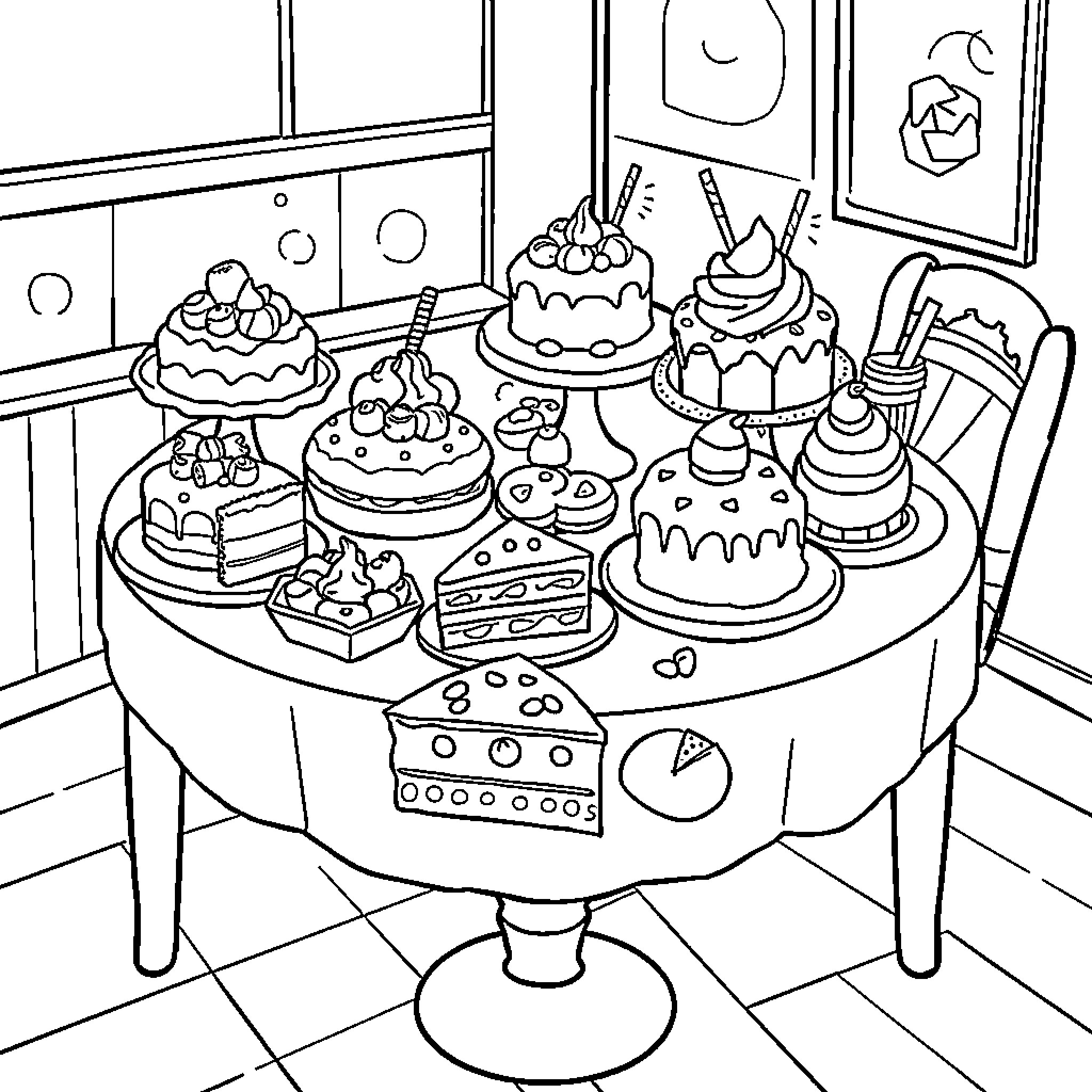 Dessert Display of Delightful Pastries Coloring Page (free black-and-white line drawing printable PDF for all, from beginners to advanced learners, including children, teens, adults, and seniors)