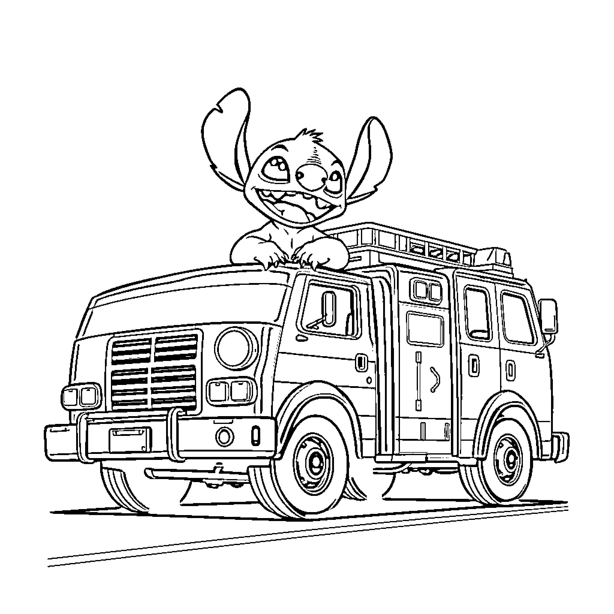 Stitch riding a fire truck happily Coloring Page (free black-and-white line drawing printable PDF for all, from beginners to advanced learners, including children, teens, adults, and seniors)