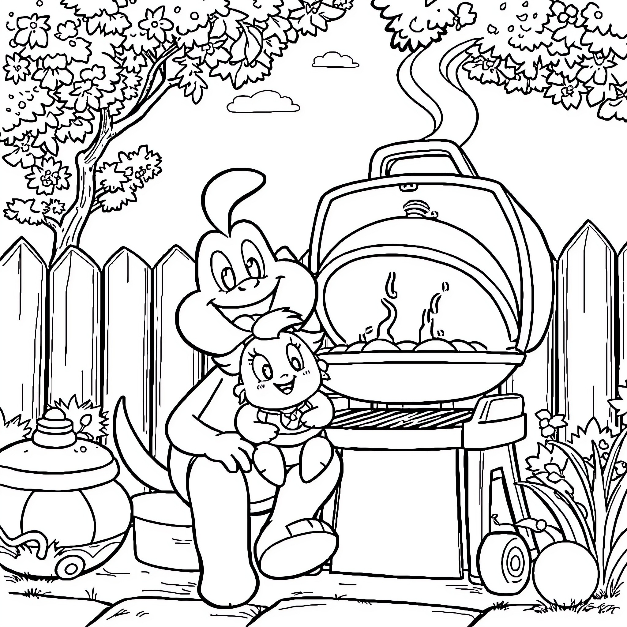 Peach Bunnies Grilling Outdoors Coloring Page (free black-and-white line drawing printable PDF for all, from beginners to advanced learners, including children, teens, adults, and seniors)