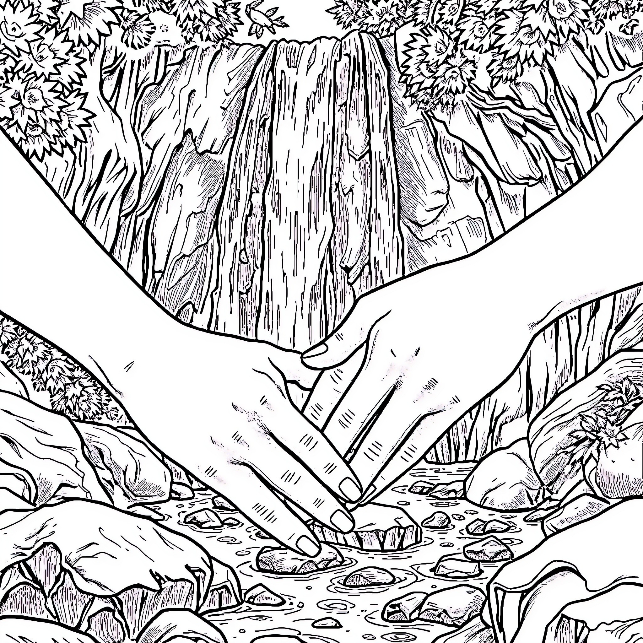 Hand in nature's tranquil waterfall landscape Coloring Page (free black-and-white line drawing printable PDF for all, from beginners to advanced learners, including children, teens, adults, and seniors)