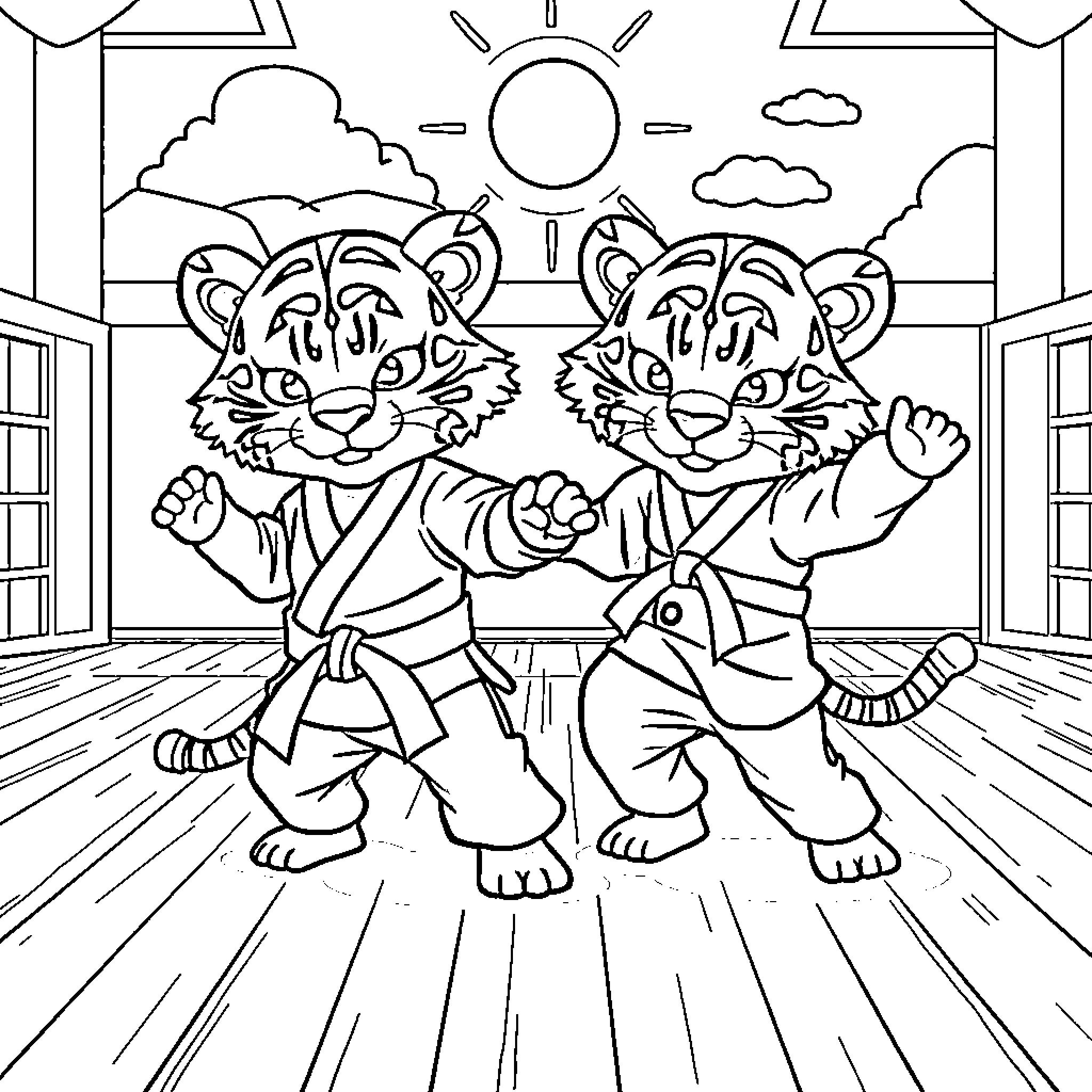 Tigers practicing martial arts in a dojo Coloring Page (free black-and-white line drawing printable PDF for all, from beginners to advanced learners, including children, teens, adults, and seniors)