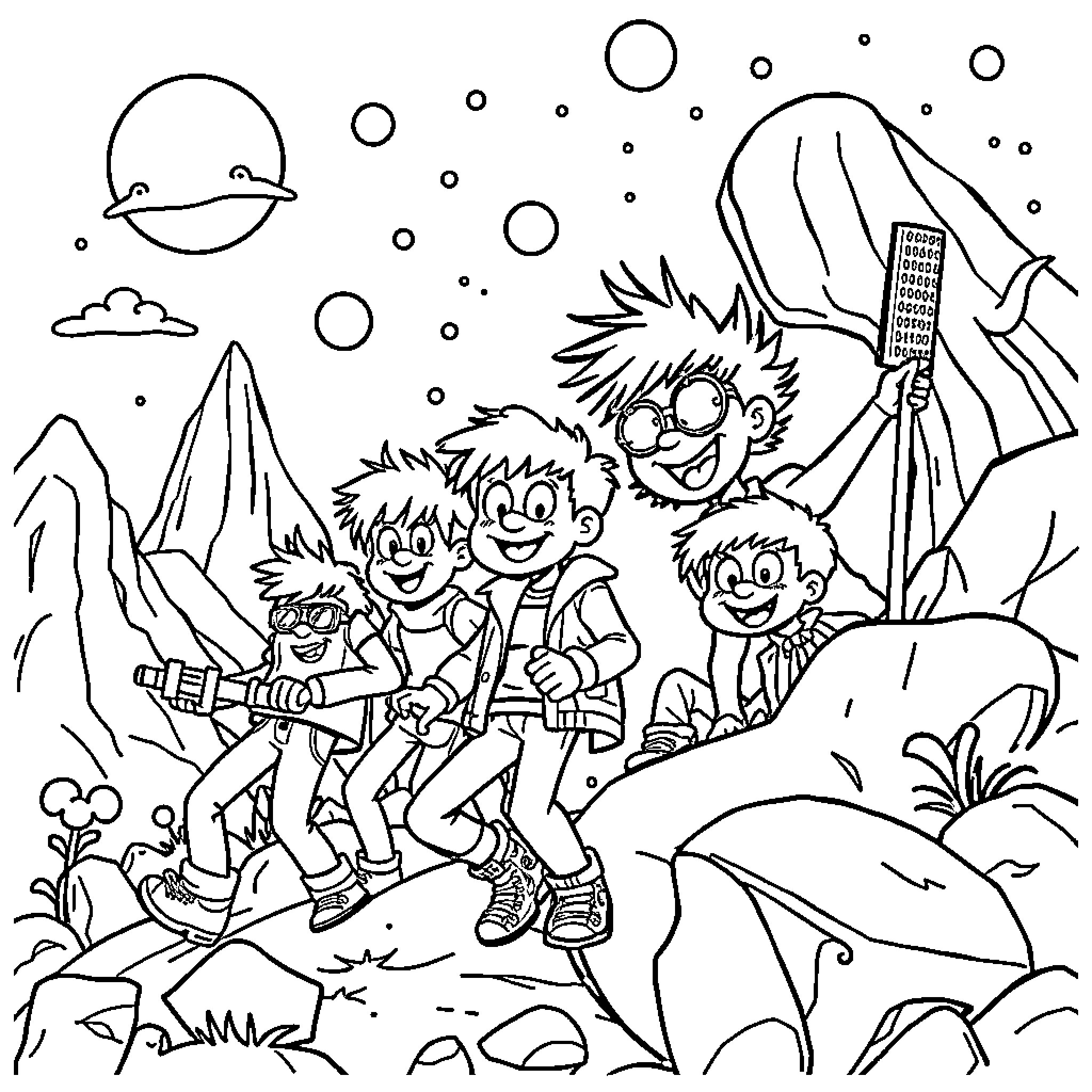Cartoon friends hiking through nature adventure Coloring Page (free black-and-white line drawing printable PDF for all, from beginners to advanced learners, including children, teens, adults, and seniors)