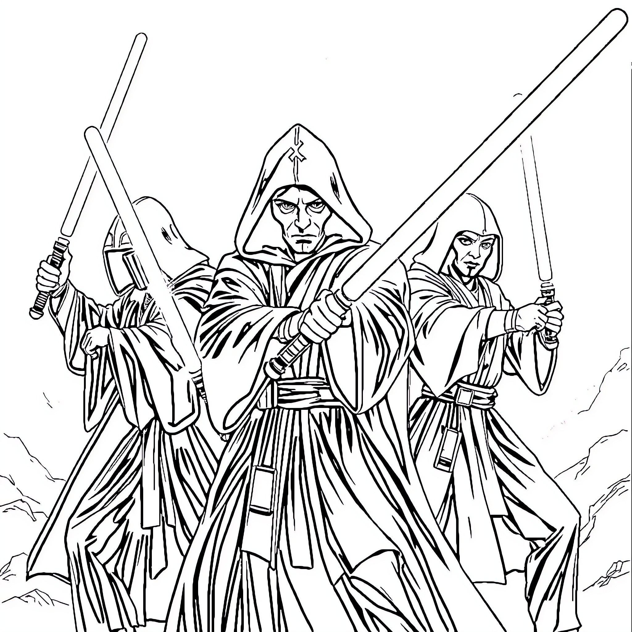 Jedi Warriors Wielding Lightsabers in Intense Battle Coloring Page (free black-and-white line drawing printable PDF for all, from beginners to advanced learners, including children, teens, adults, and seniors)