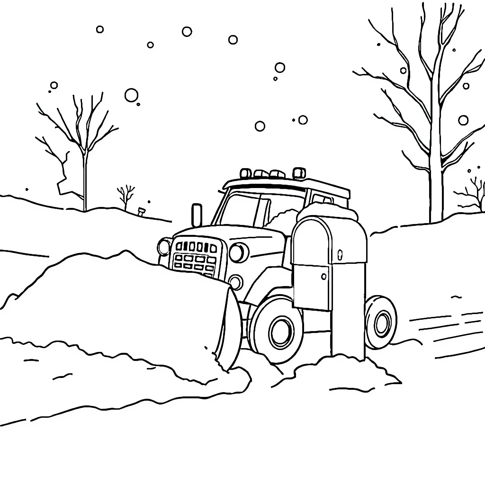 Snowplow clearing path through snowy landscape Coloring Page (free black-and-white line drawing printable PDF for all, from beginners to advanced learners, including children, teens, adults, and seniors)