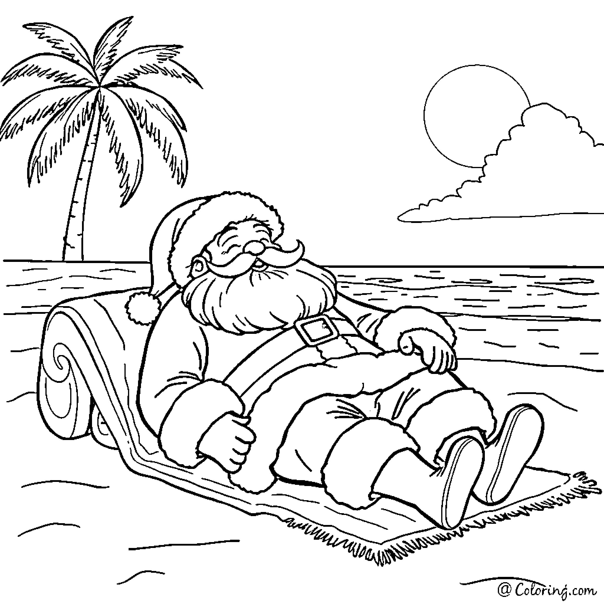 Santa relaxing on a beach chair at the ocean Coloring Page (free black-and-white line drawing printable PDF for all, from beginners to advanced learners, including children, teens, adults, and seniors)