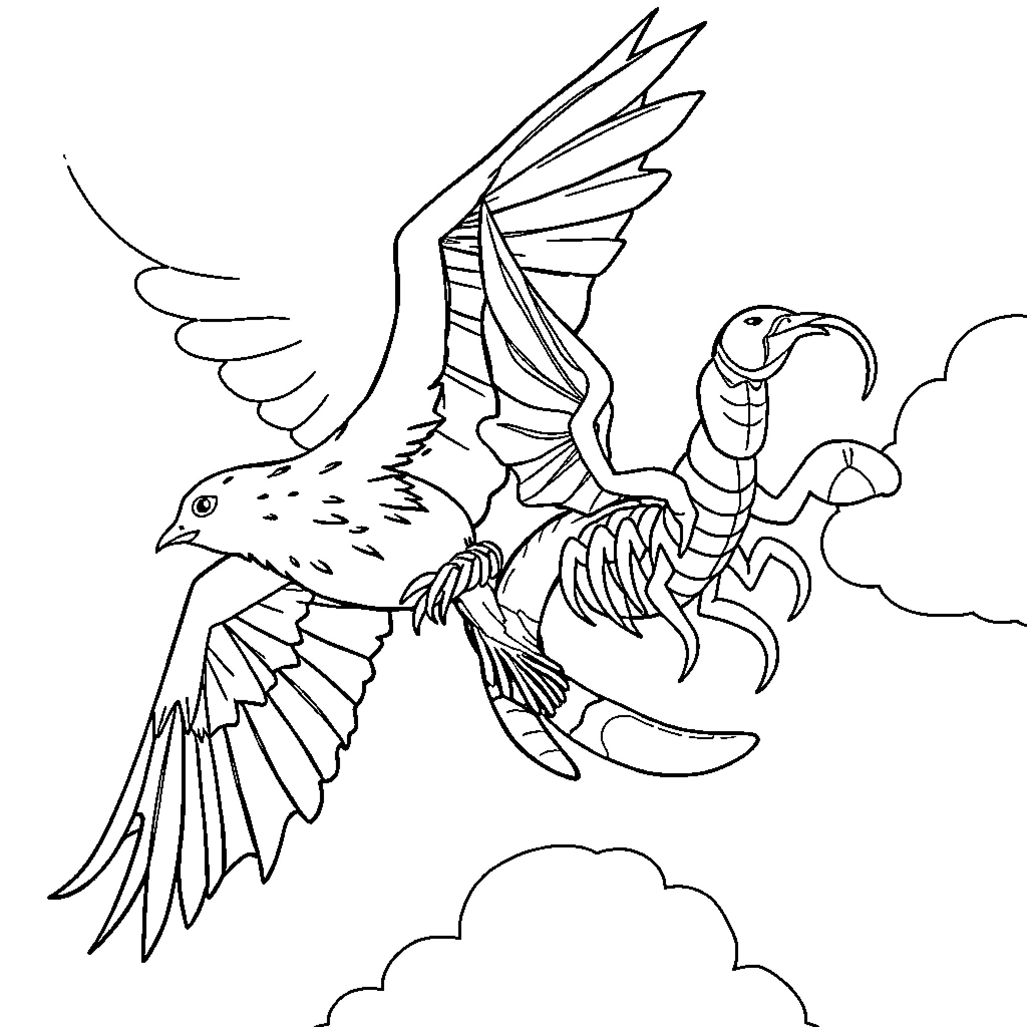 Bat-like creature soaring through the clouds Coloring Page (free black-and-white line drawing printable PDF for all, from beginners to advanced learners, including children, teens, adults, and seniors)