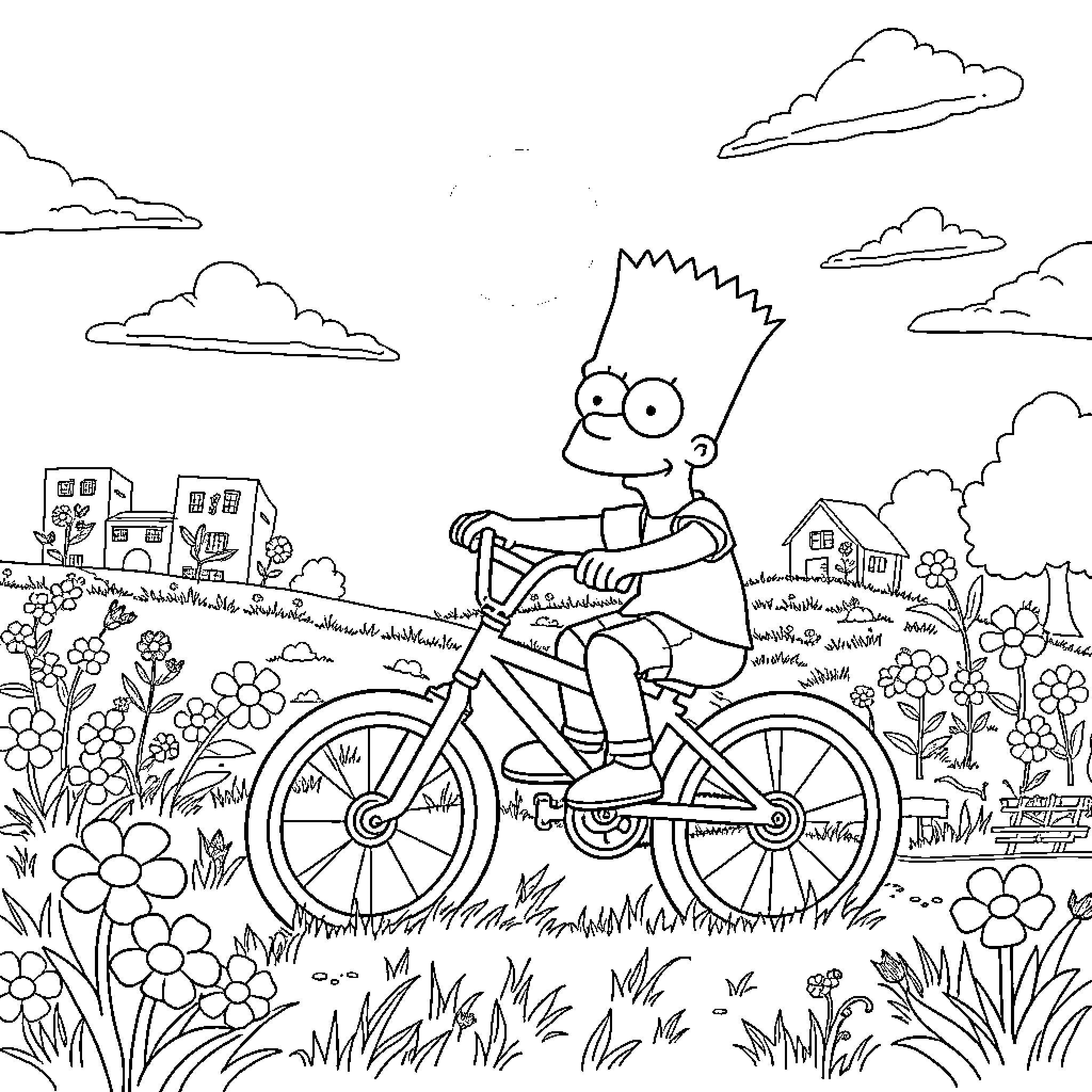 Bart Simpson riding a bicycle in a whimsical neighborhood Coloring Page (free black-and-white line drawing printable PDF for all, from beginners to advanced learners, including children, teens, adults, and seniors)
