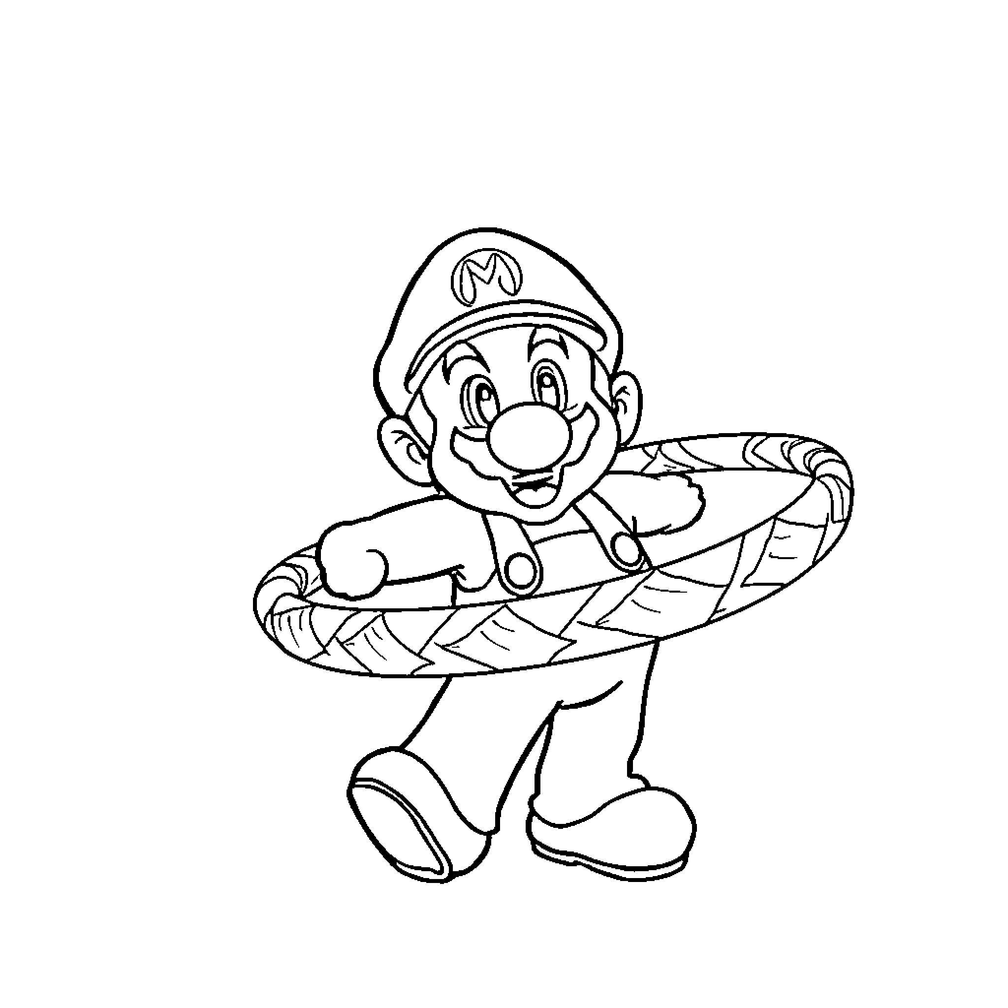 Mario riding a surfboard in action Coloring Page (free black-and-white line drawing printable PDF for all, from beginners to advanced learners, including children, teens, adults, and seniors)