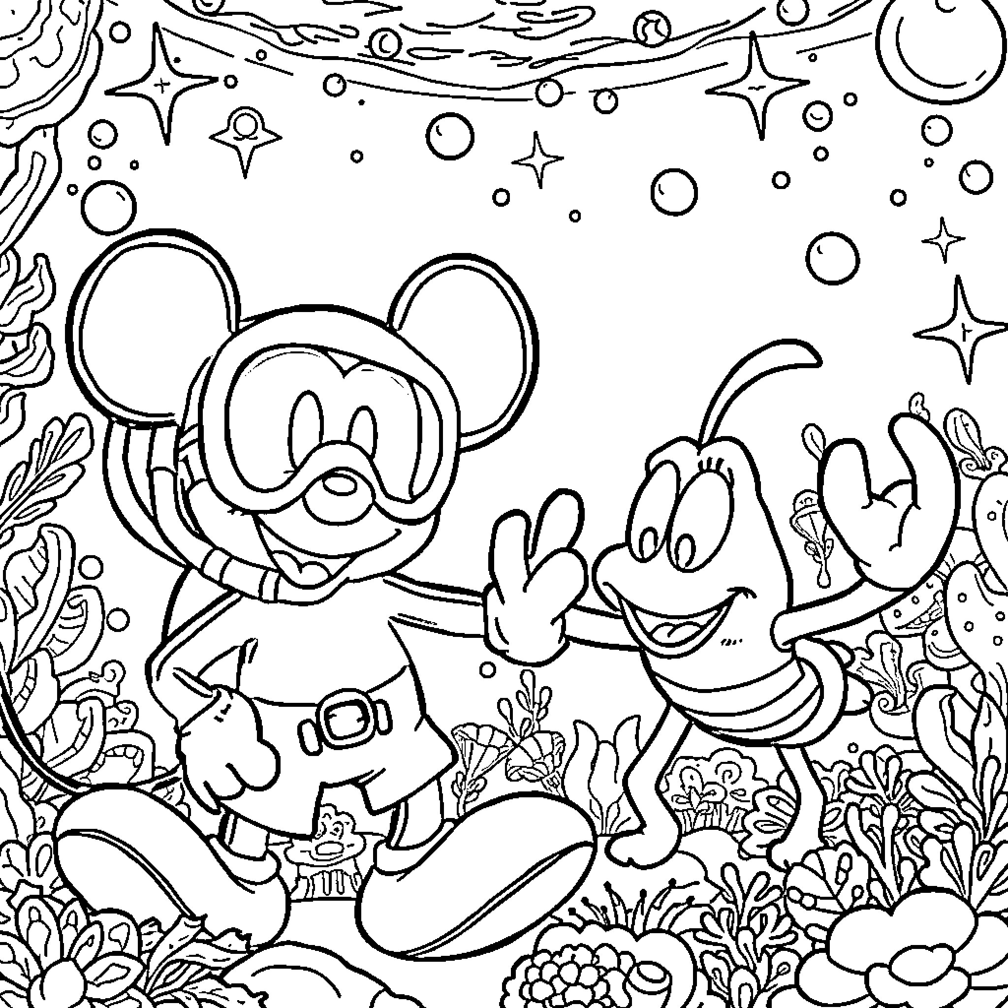 Mickey Mouse and Friends Exploring Magical Underwater World Coloring Page (free black-and-white line drawing printable PDF for all, from beginners to advanced learners, including children, teens, adults, and seniors)