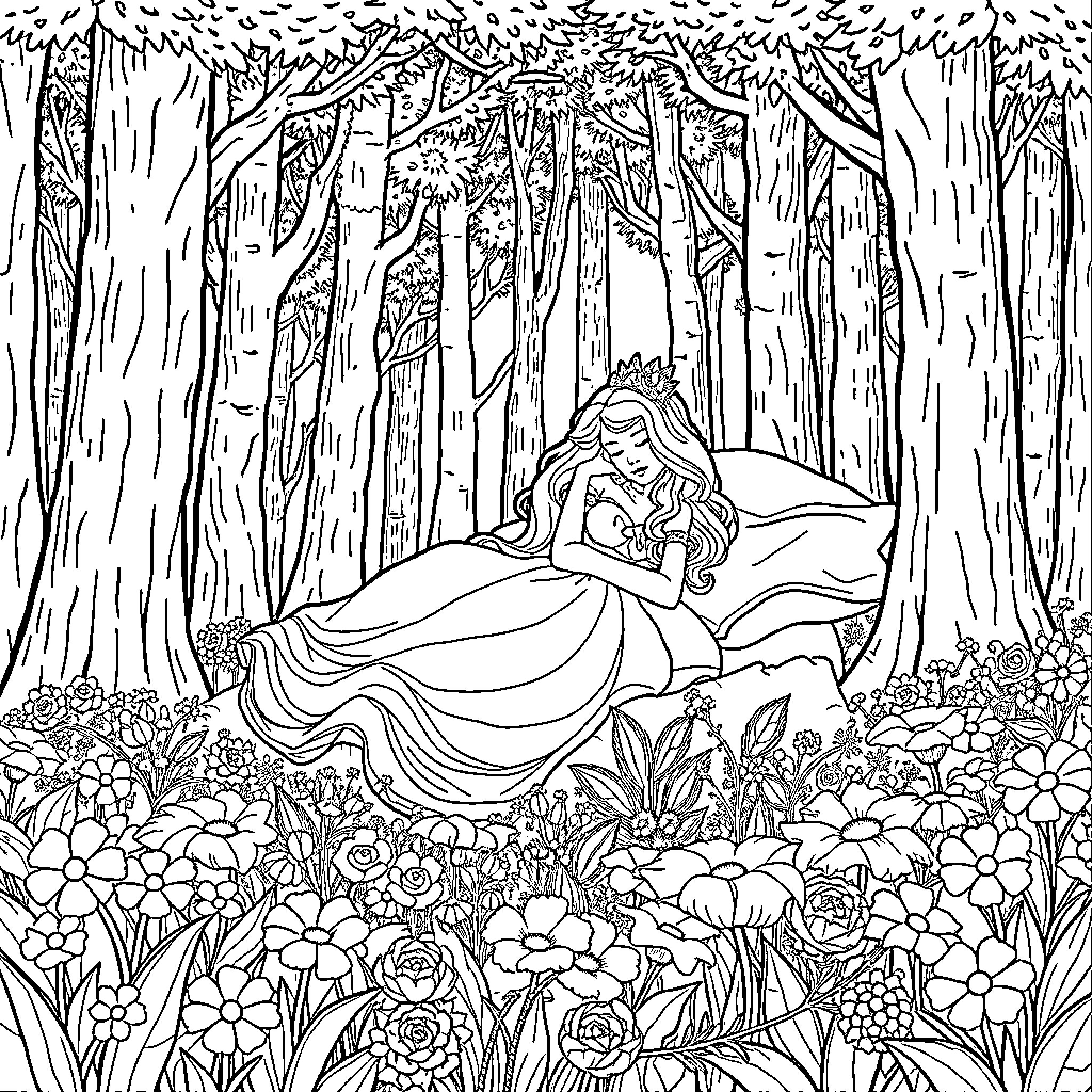 Sleeping Beauty resting in a magical forest Coloring Page (free black-and-white line drawing printable PDF for all, from beginners to advanced learners, including children, teens, adults, and seniors)
