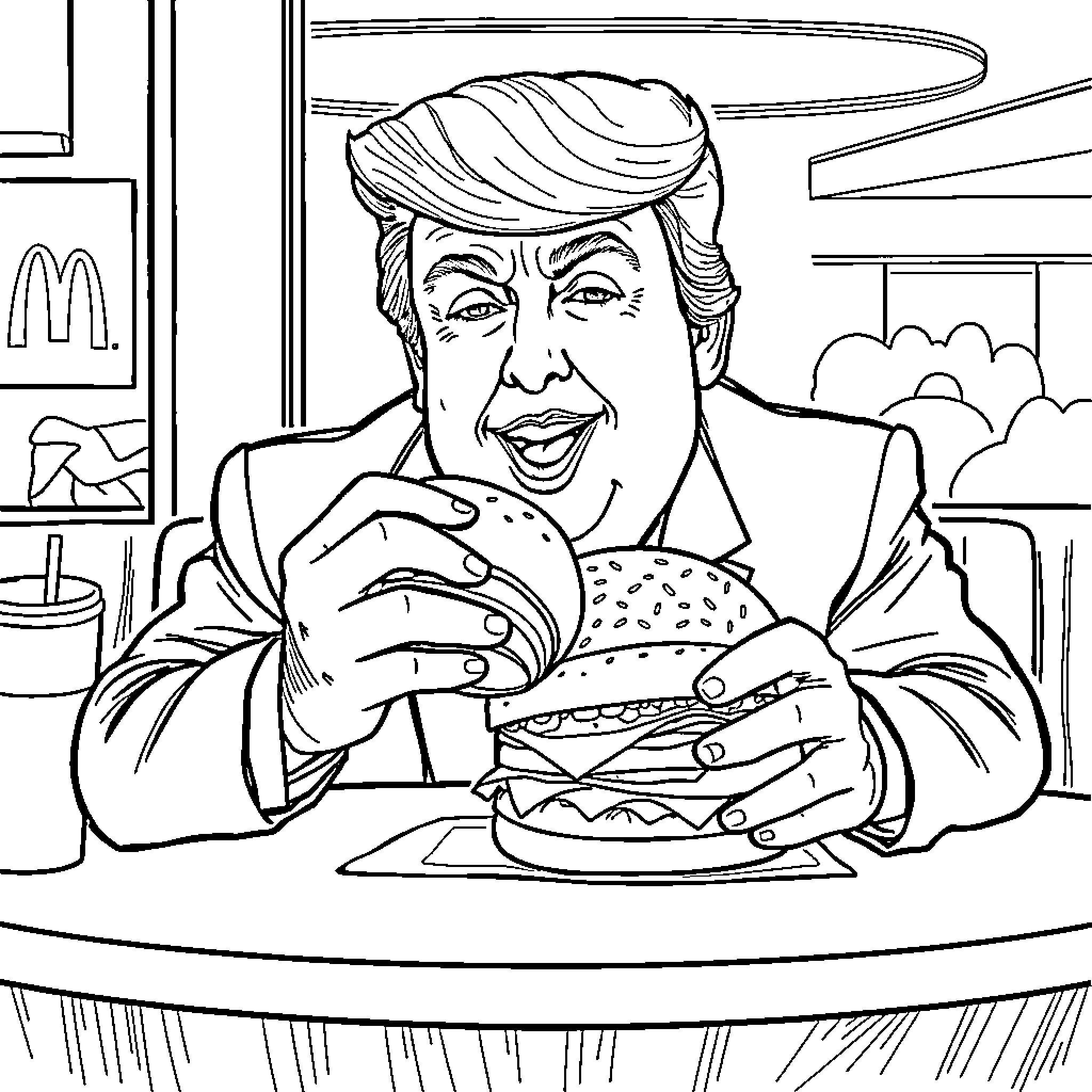 Donald Trump Enjoying a Fast Food Meal Coloring Page (free black-and-white line drawing printable PDF for all, from beginners to advanced learners, including children, teens, adults, and seniors)