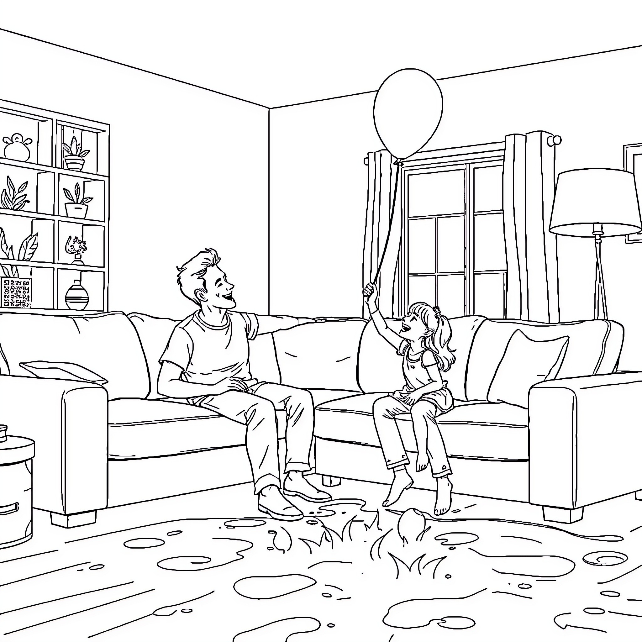 Dad playing with child at home Coloring Page (free black-and-white line drawing printable PDF for all, from beginners to advanced learners, including children, teens, adults, and seniors)