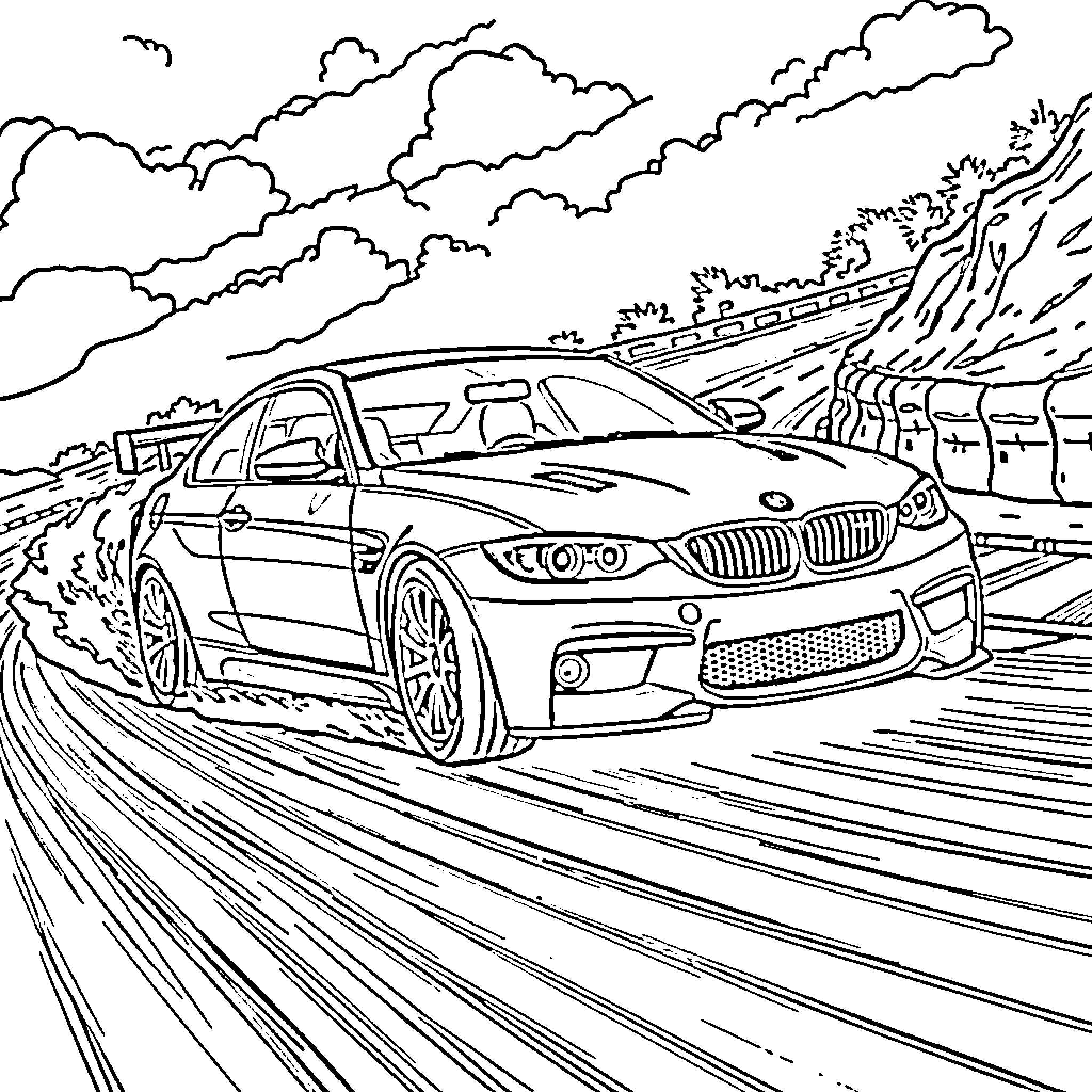 BMW high-performance sports car racing on mountain road Coloring Page (free black-and-white line drawing printable PDF for all, from beginners to advanced learners, including children, teens, adults, and seniors)