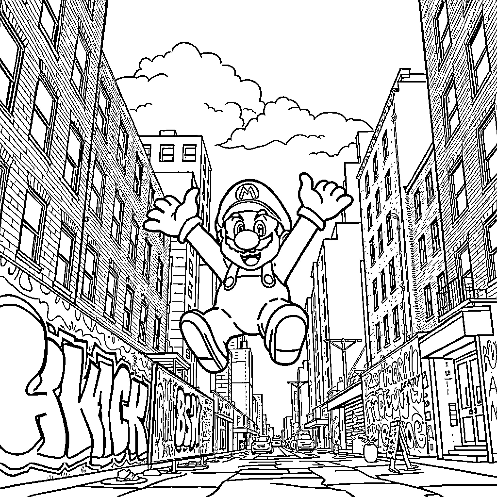 Super Mario Jumping Joyfully in a City Skyline Coloring Page (free black-and-white line drawing printable PDF for all, from beginners to advanced learners, including children, teens, adults, and seniors)