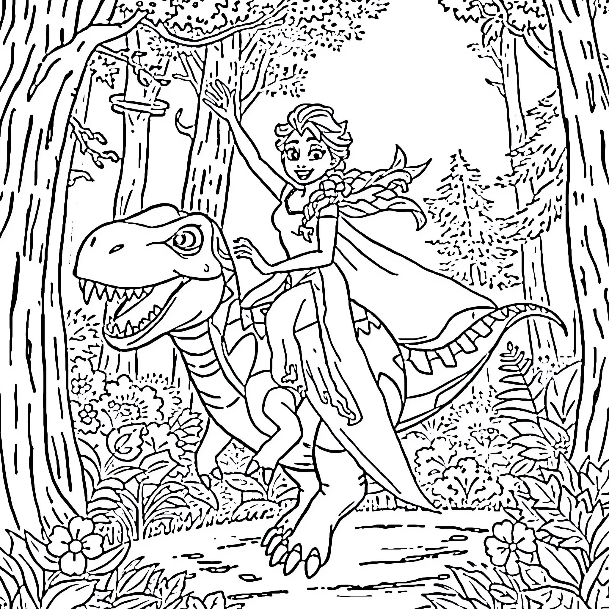 Elsa's Magical Ride with a Dinosaur Friend Coloring Page (free black-and-white line drawing printable PDF for all, from beginners to advanced learners, including children, teens, adults, and seniors)