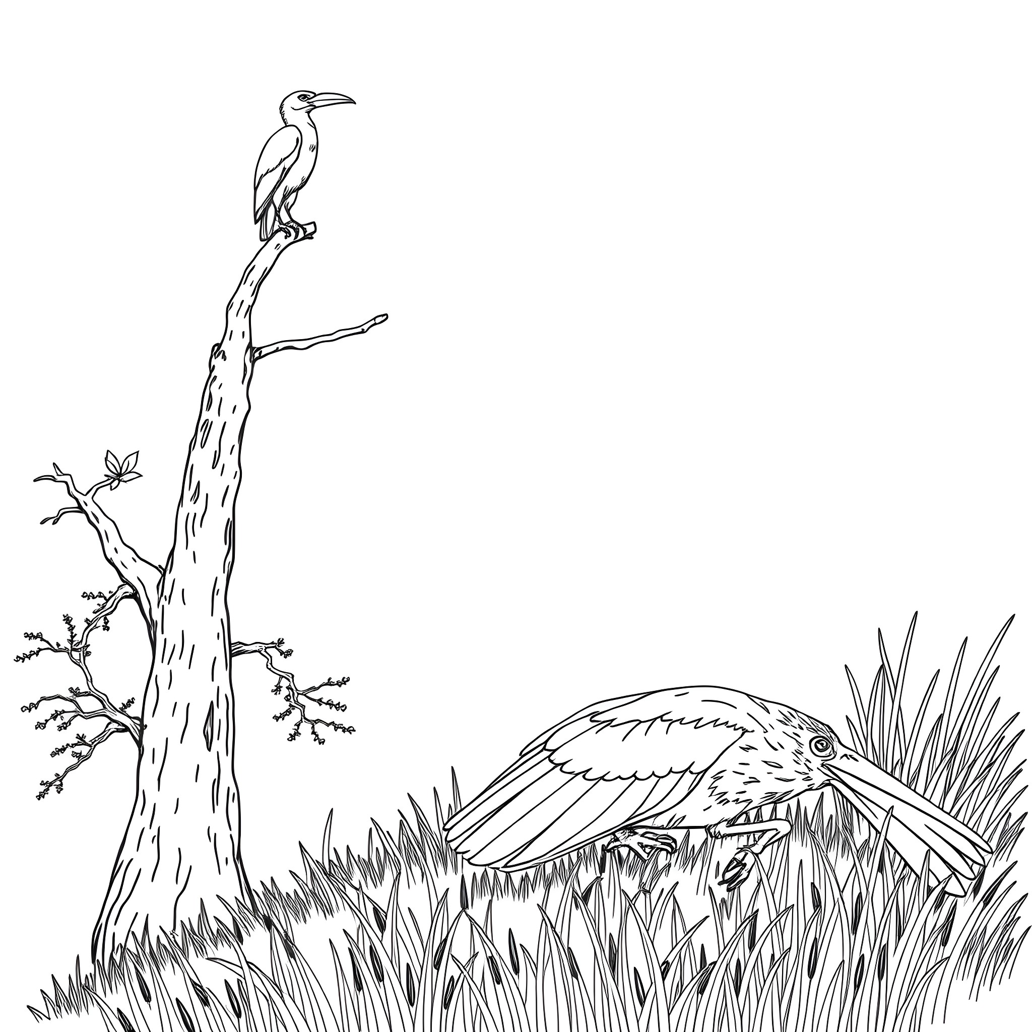 Cyanocorax Yncas perched on a branch Coloring Page (free black-and-white line drawing printable PDF for all, from beginners to advanced learners, including children, teens, adults, and seniors)