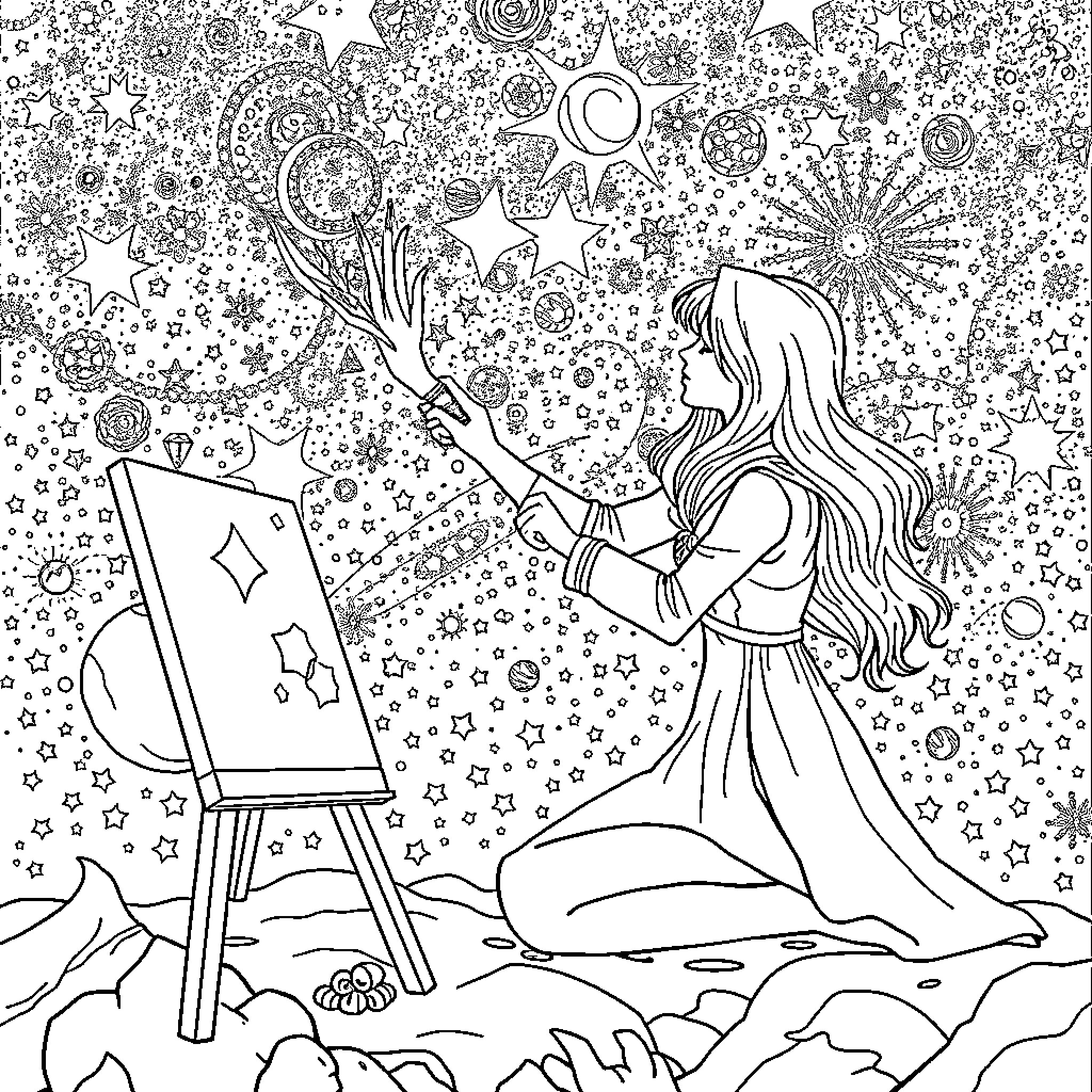 Space Woman Creating Celestial Artwork Coloring Page (free black-and-white line drawing printable PDF for all, from beginners to advanced learners, including children, teens, adults, and seniors)