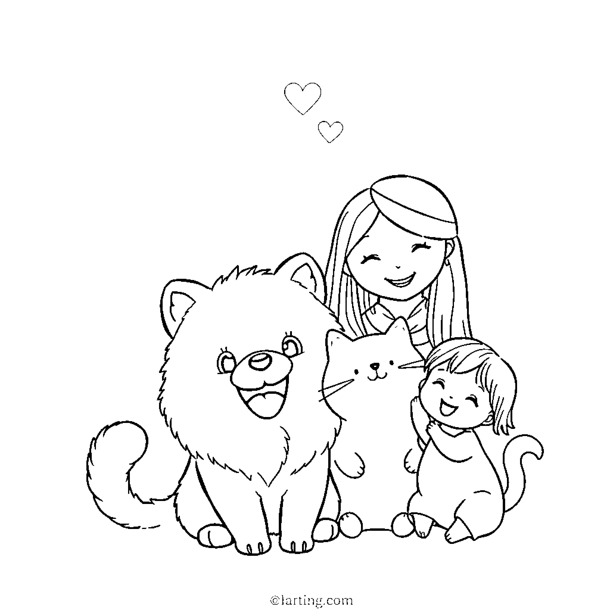 Pompompurin's Adorable Pets and Friends Coloring Page (free black-and-white line drawing printable PDF for all, from beginners to advanced learners, including children, teens, adults, and seniors)