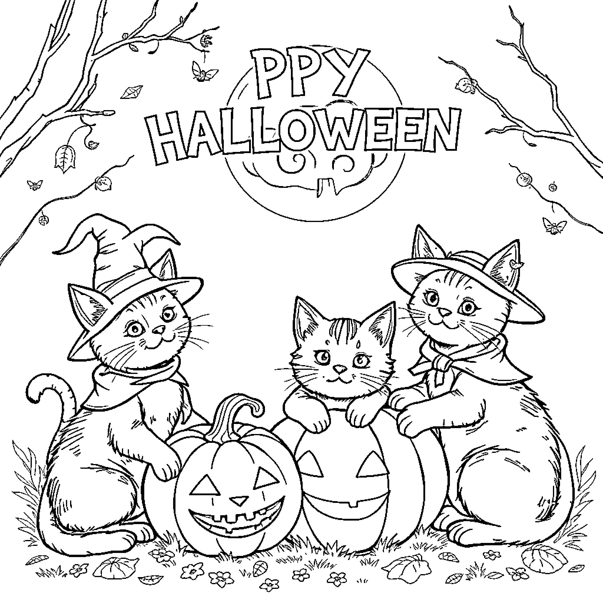 Cat friends celebrate Happy Halloween in the forest Coloring Page (free black-and-white line drawing printable PDF for all, from beginners to advanced learners, including children, teens, adults, and seniors)