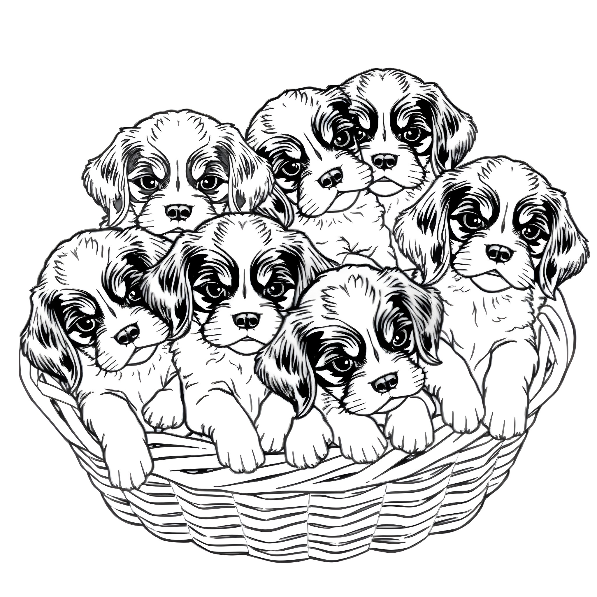 Puppy Basket of Cute Canines Coloring Page (free black-and-white line drawing printable PDF for all, from beginners to advanced learners, including children, teens, adults, and seniors)