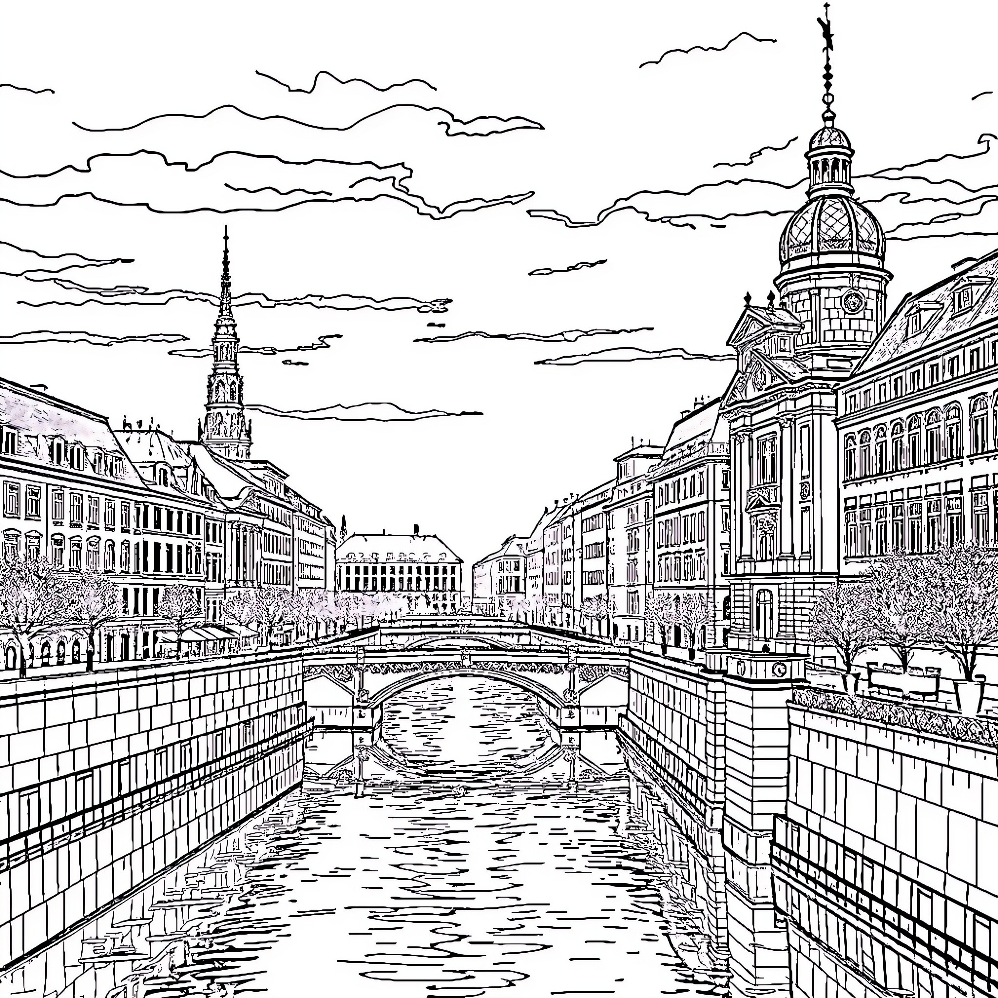 Dresden cityscape with ornate buildings and bridges Coloring Page (free black-and-white line drawing printable PDF for all, from beginners to advanced learners, including children, teens, adults, and seniors)