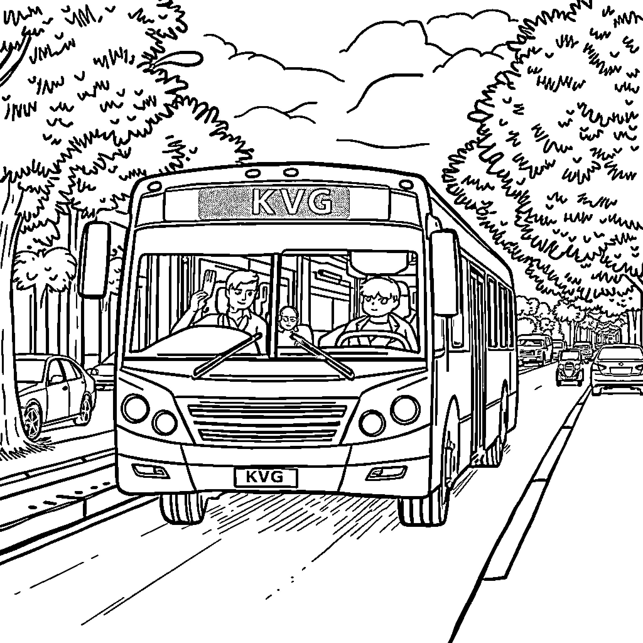Bus Passengers Riding Through Scenic Surroundings Coloring Page (free black-and-white line drawing printable PDF for all, from beginners to advanced learners, including children, teens, adults, and seniors)