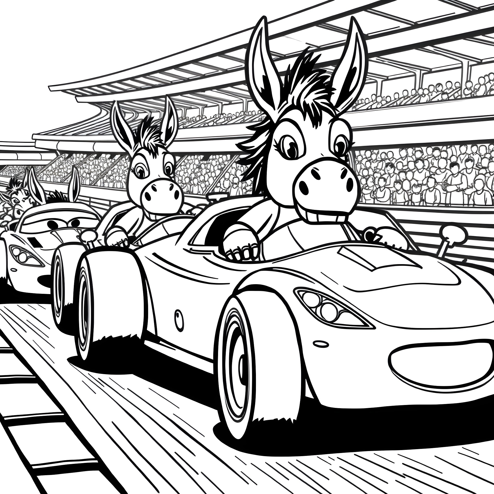 Donkey Racing Cars on the Track Coloring Page (free black-and-white line drawing printable PDF for all, from beginners to advanced learners, including children, teens, adults, and seniors)