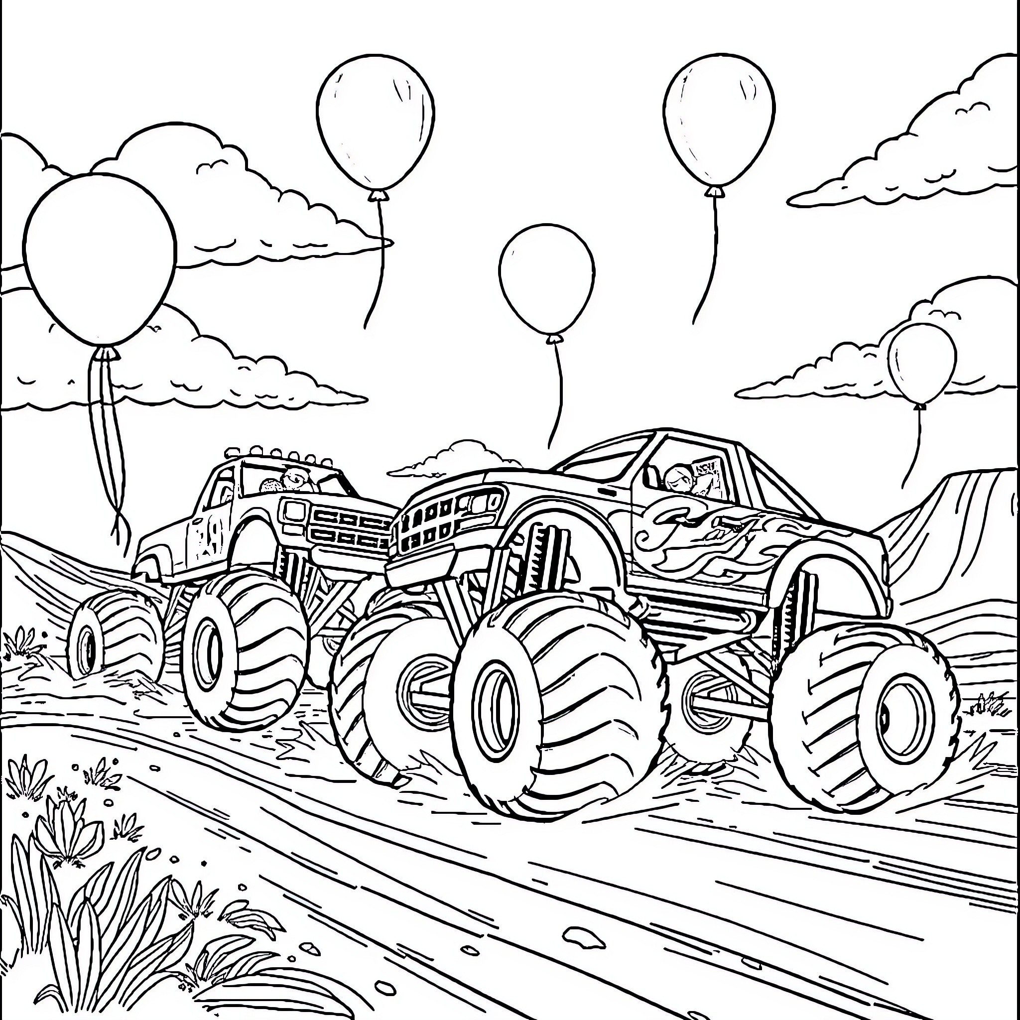 Monster Truck Crushing Through Terrain with Balloons Coloring Page (free black-and-white line drawing printable PDF for all, from beginners to advanced learners, including children, teens, adults, and seniors)