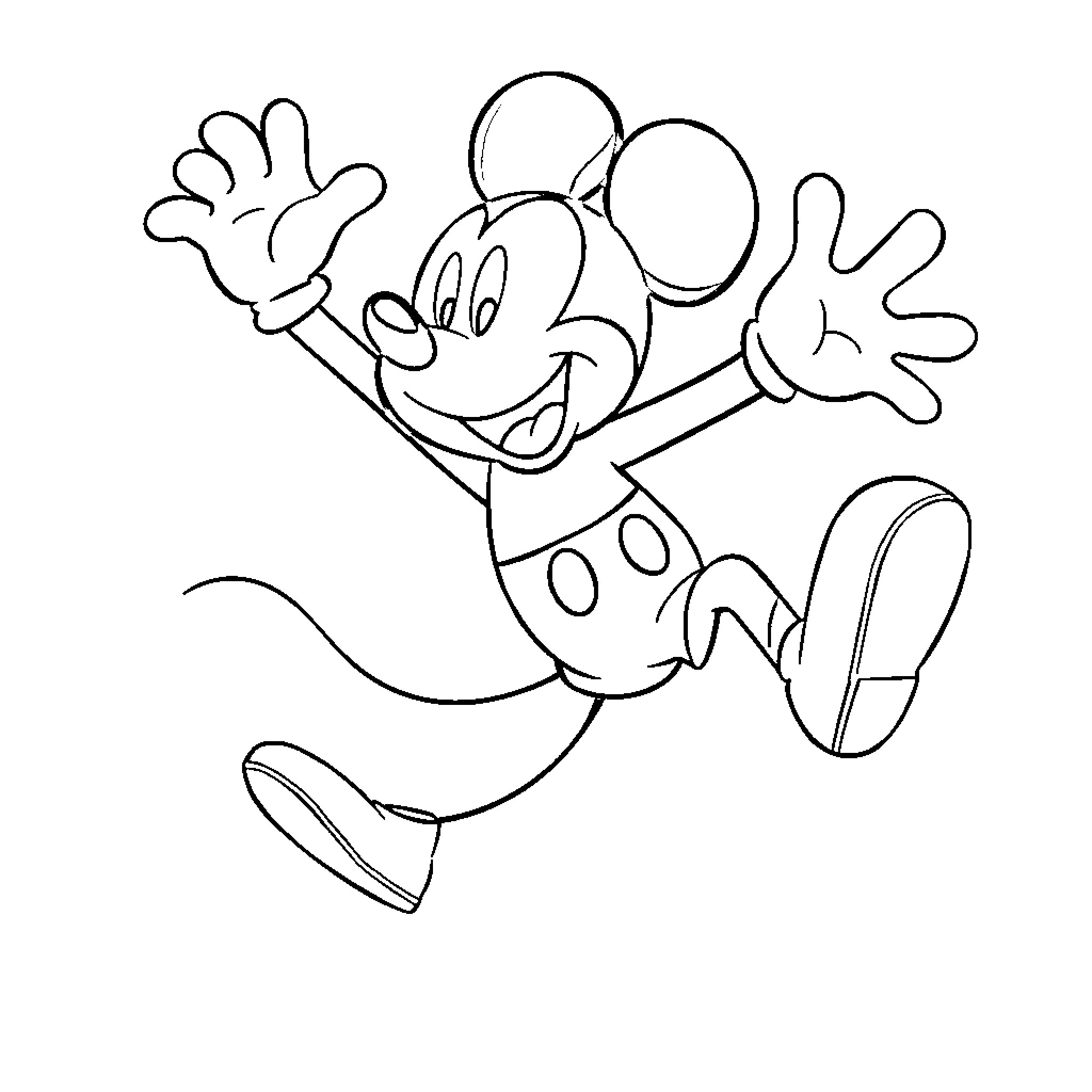 Mickey Mouse happily waving and jumping Coloring Page (free black-and-white line drawing printable PDF for all, from beginners to advanced learners, including children, teens, adults, and seniors)