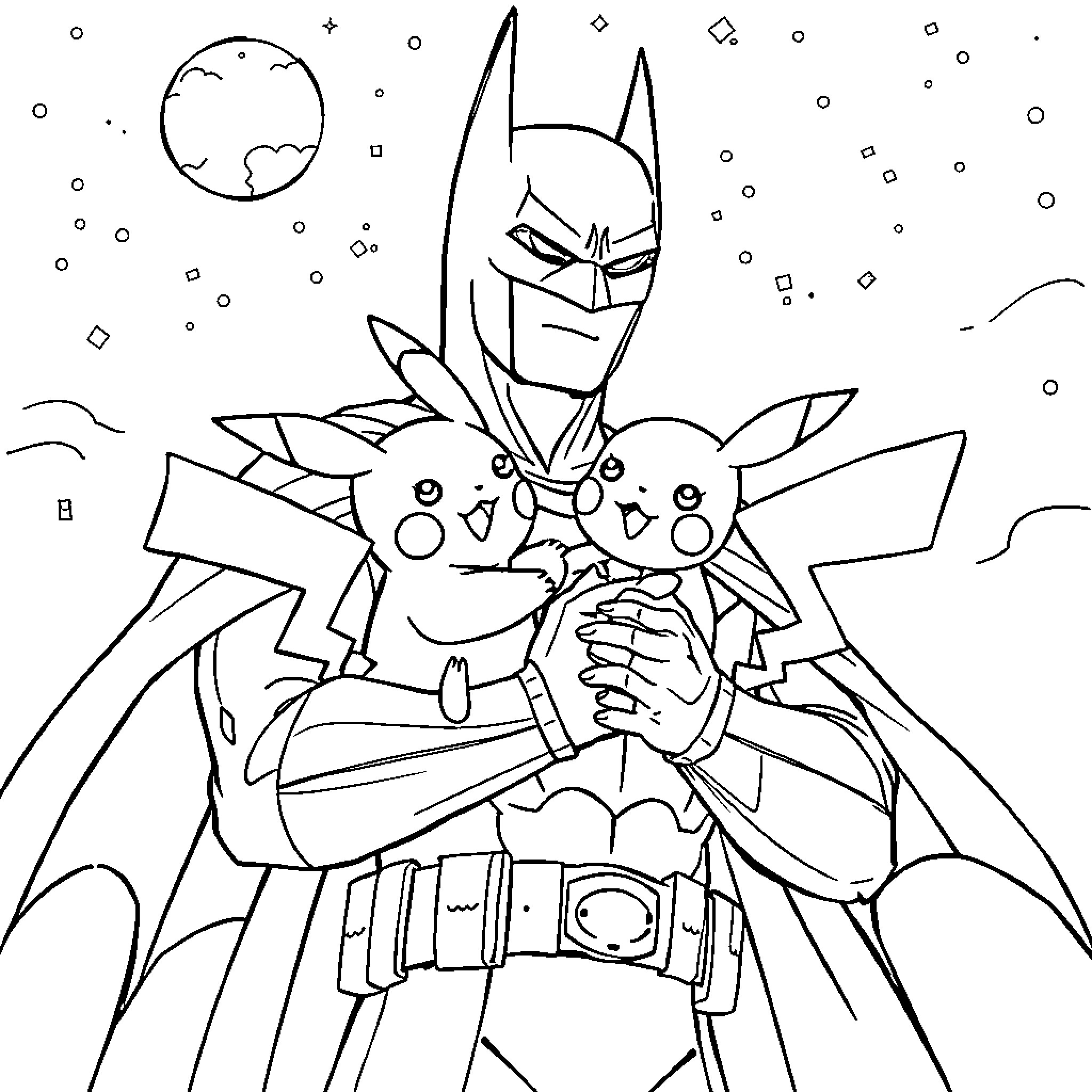 Batman Embracing Adorable Creatures in Snowy Nightscape Coloring Page (free black-and-white line drawing printable PDF for all, from beginners to advanced learners, including children, teens, adults, and seniors)