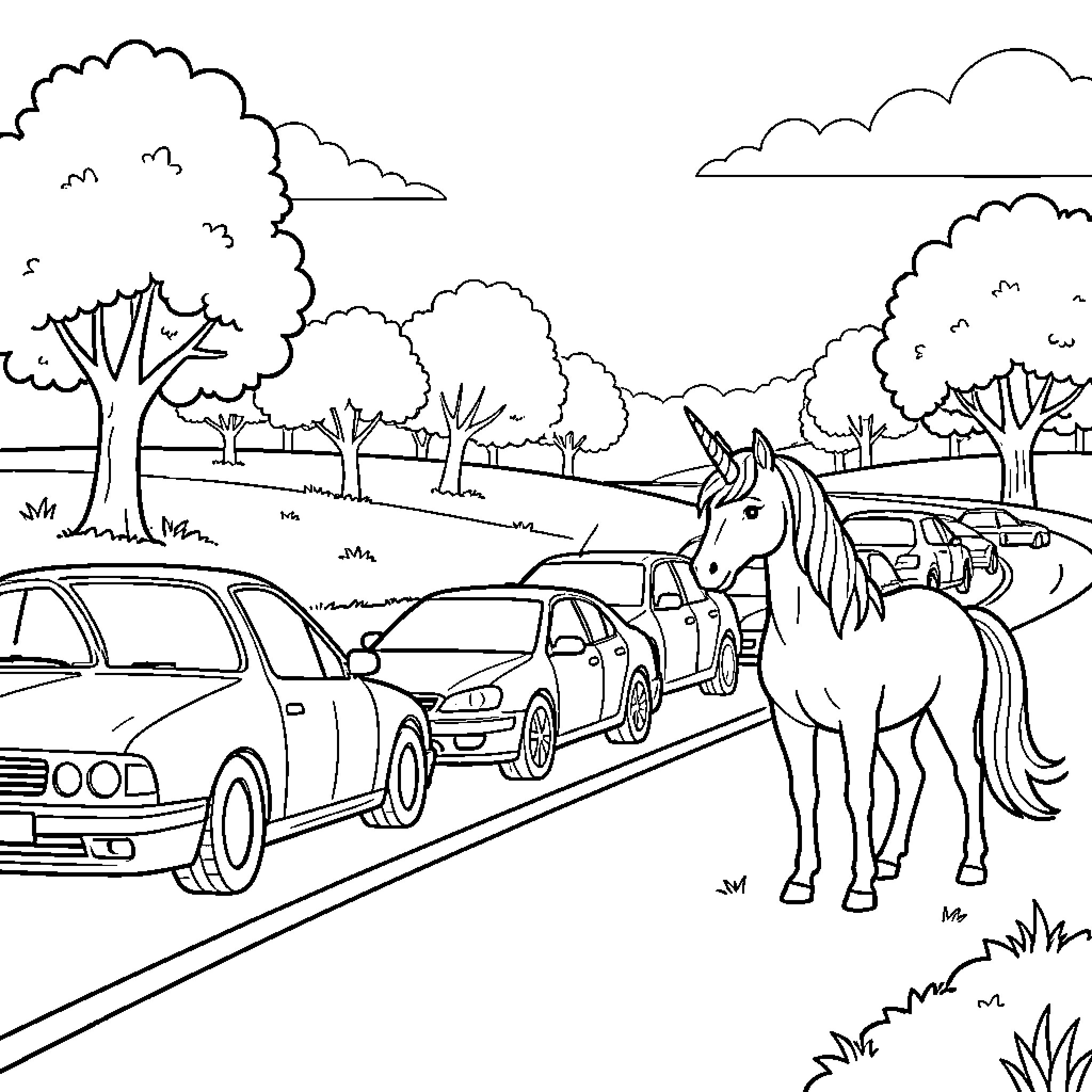 Car driving on road near a standing unicorn Coloring Page (free black-and-white line drawing printable PDF for all, from beginners to advanced learners, including children, teens, adults, and seniors)