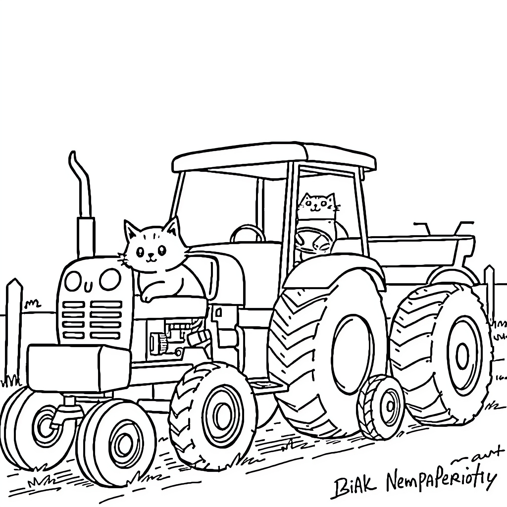 Tractor with playful cats Coloring Page (free black-and-white line drawing printable PDF for all, from beginners to advanced learners, including children, teens, adults, and seniors)