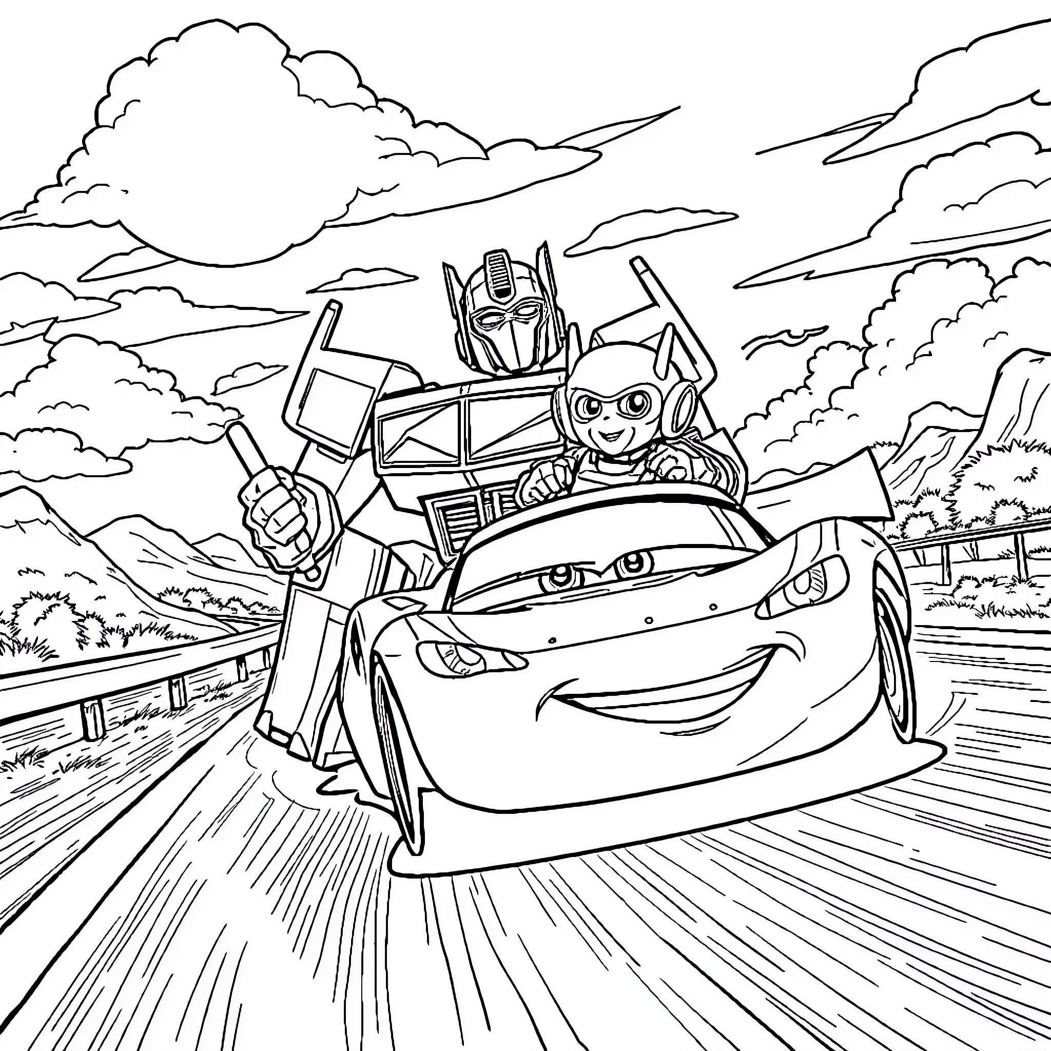 Optimus Prime's high-speed adventure with Lightning McQueen Coloring Page (free black-and-white line drawing printable PDF for all, from beginners to advanced learners, including children, teens, adults, and seniors)