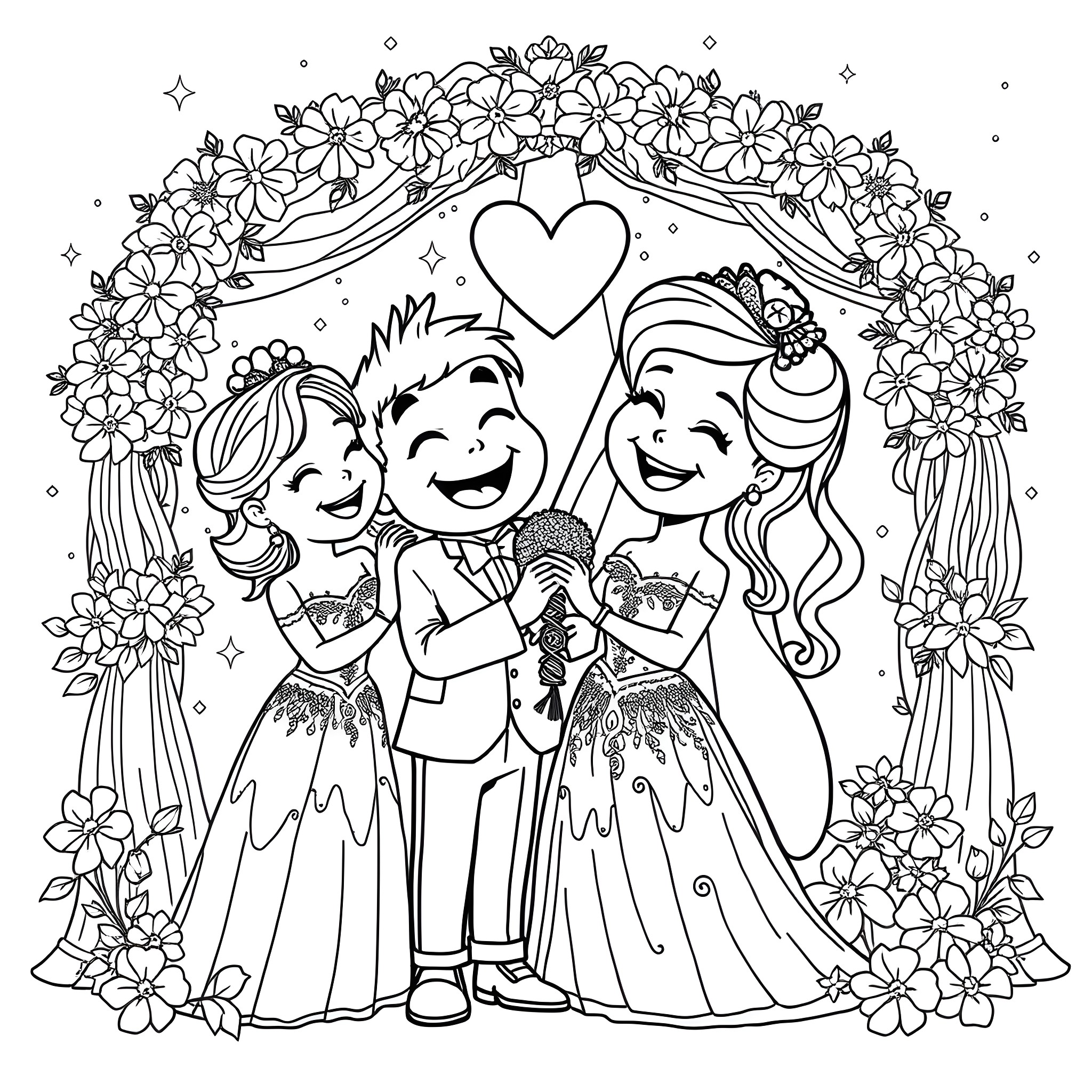 Bing Couple's Celebratory Wedding Scene Coloring Page (free black-and-white line drawing printable PDF for all, from beginners to advanced learners, including children, teens, adults, and seniors)