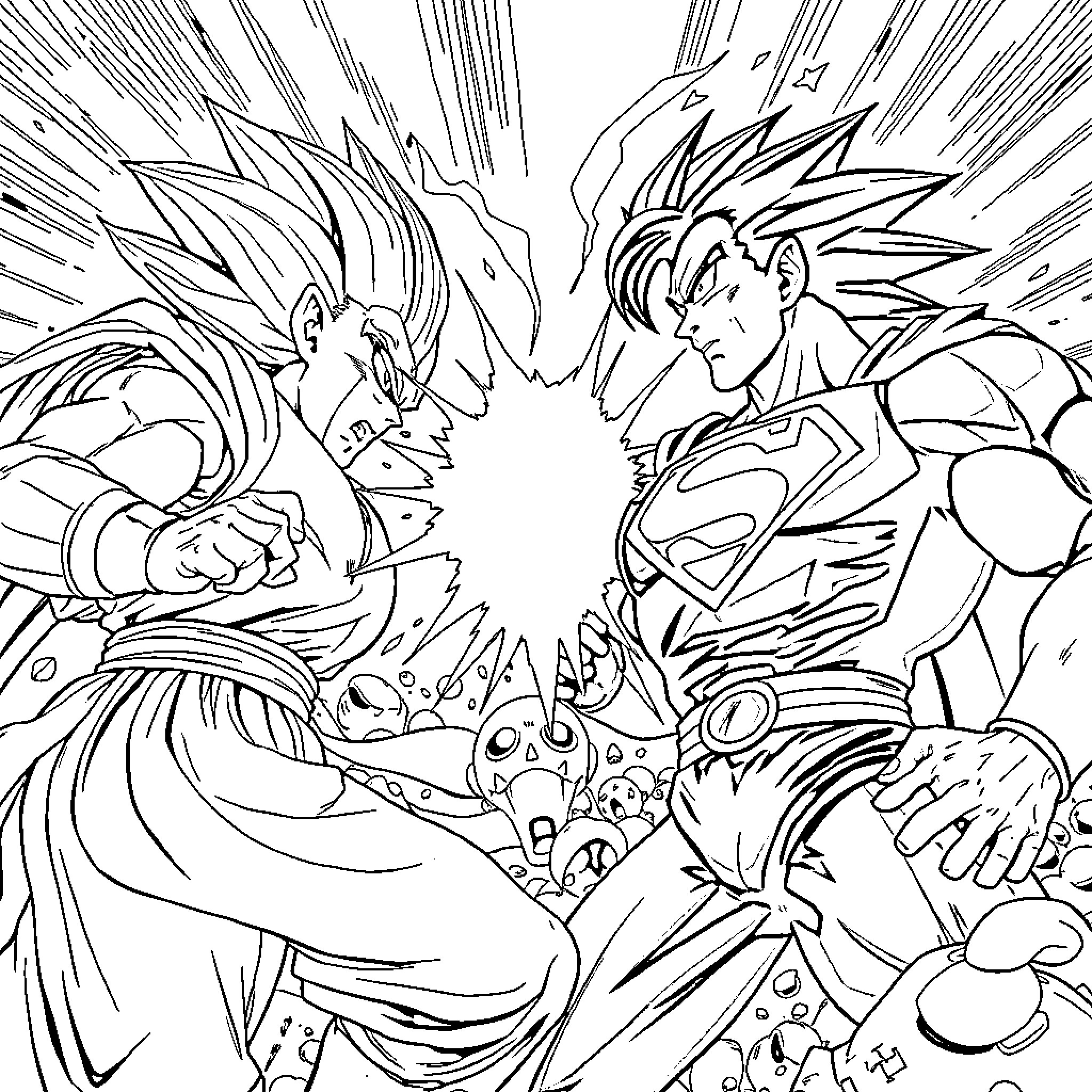 Dragon Ball Z: Intense Battle Between Powerful Warriors Coloring Page (free black-and-white line drawing printable PDF for all, from beginners to advanced learners, including children, teens, adults, and seniors)