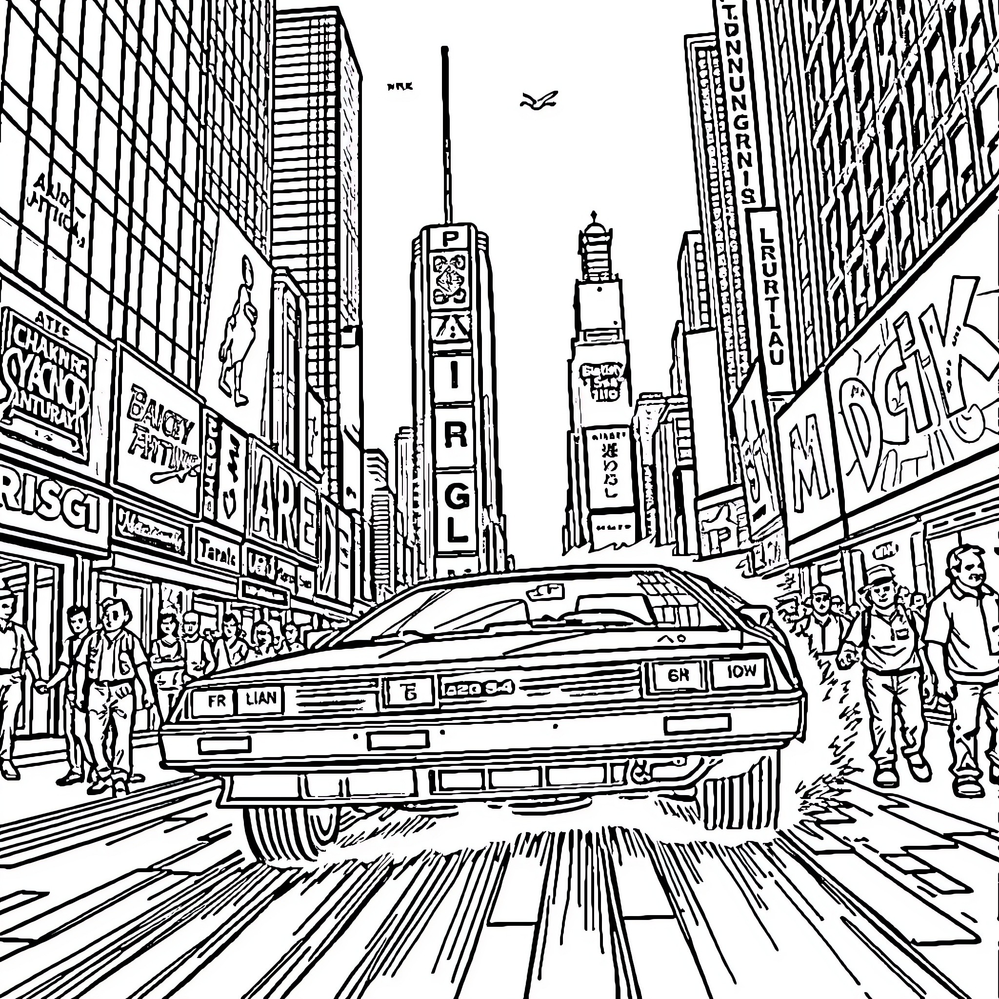 DeLorean car speeding through bustling city streets Coloring Page (free black-and-white line drawing printable PDF for all, from beginners to advanced learners, including children, teens, adults, and seniors)
