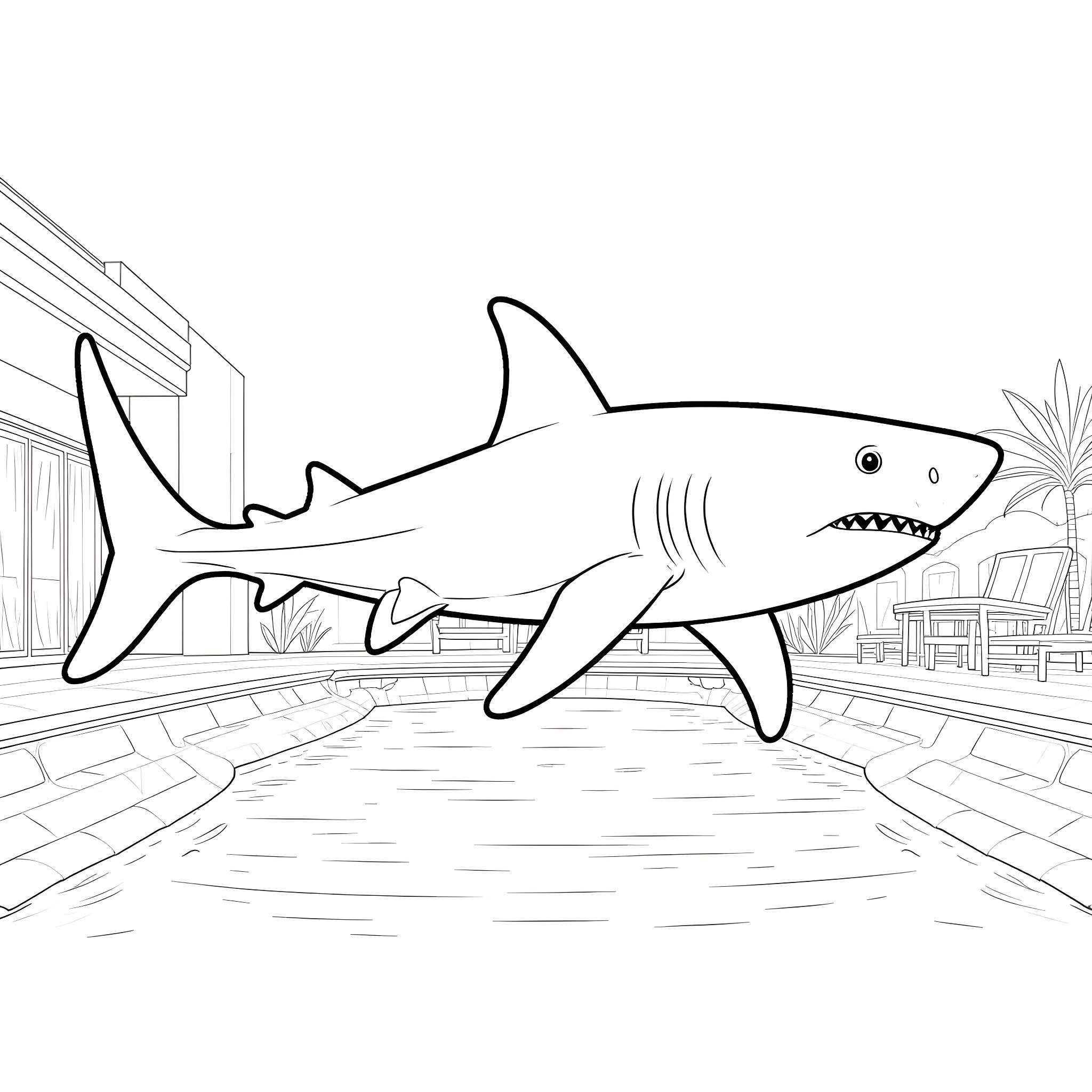 Jaws of the Shark Swimming in the Pool Coloring Page (free black-and-white line drawing printable PDF for all, from beginners to advanced learners, including children, teens, adults, and seniors)